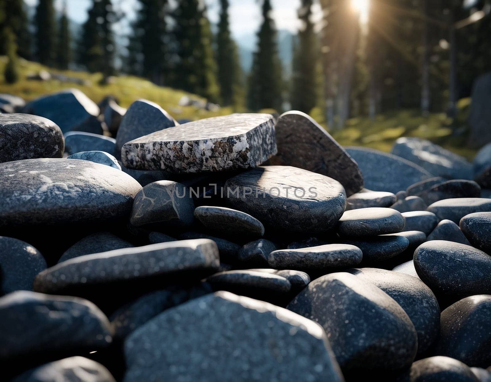 Beautiful cinematic mountain landscape with black marble and granite. High quality illustration