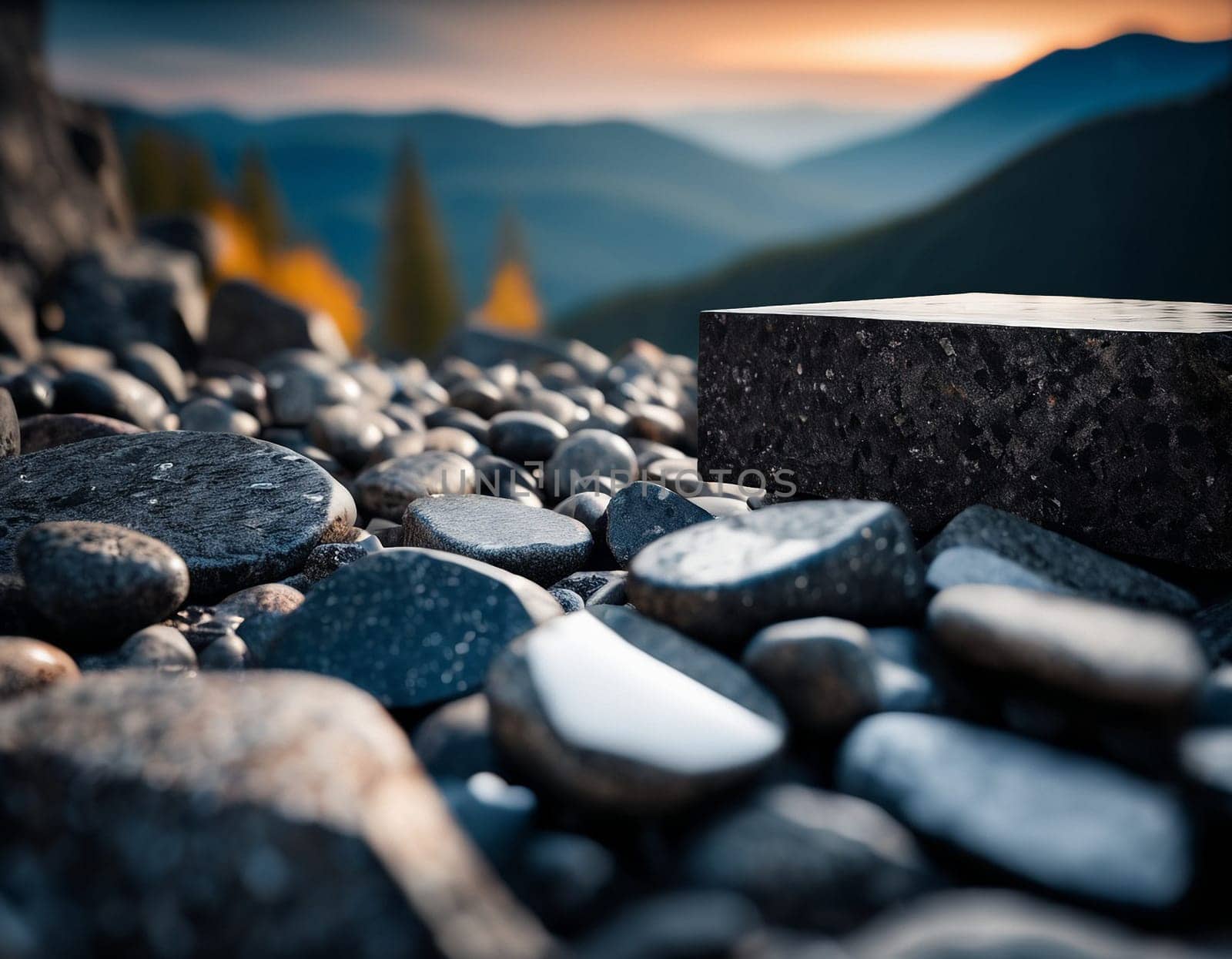 Beautiful cinematic mountain landscape with black marble and granite. High quality illustration