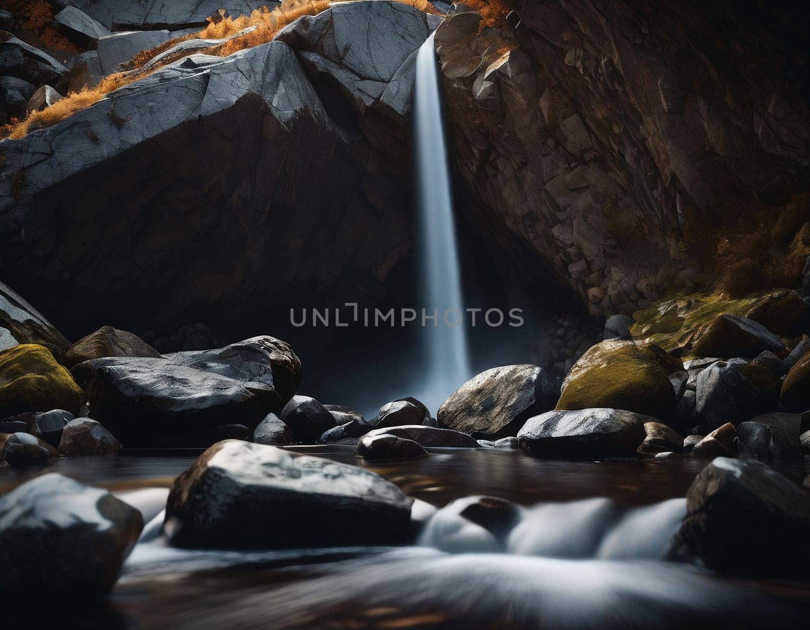 Beautiful cinematic mountain landscape with black marble and granite. High quality illustration