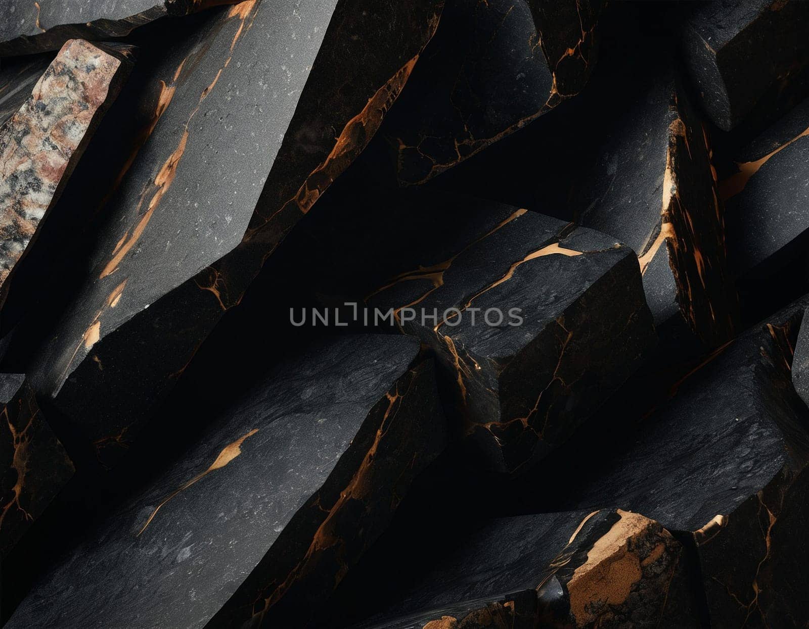 Beautiful cinematic mountain landscape with black marble and granite. Lava elements. High quality illustration