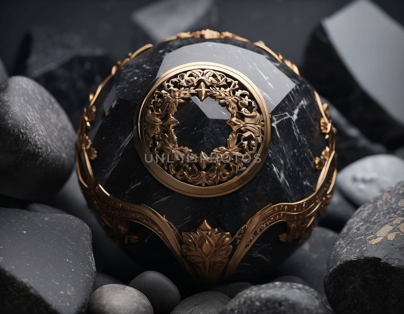 Gold ornament on a granite stone. An expensive piece of jewelry. High quality illustration