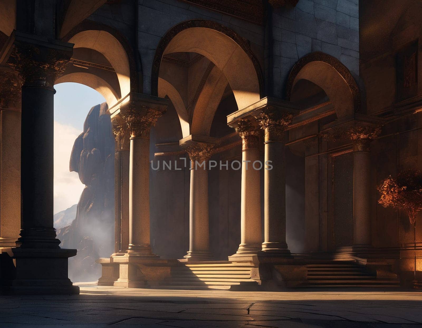 Architectural white columns in the mountains. High quality illustration