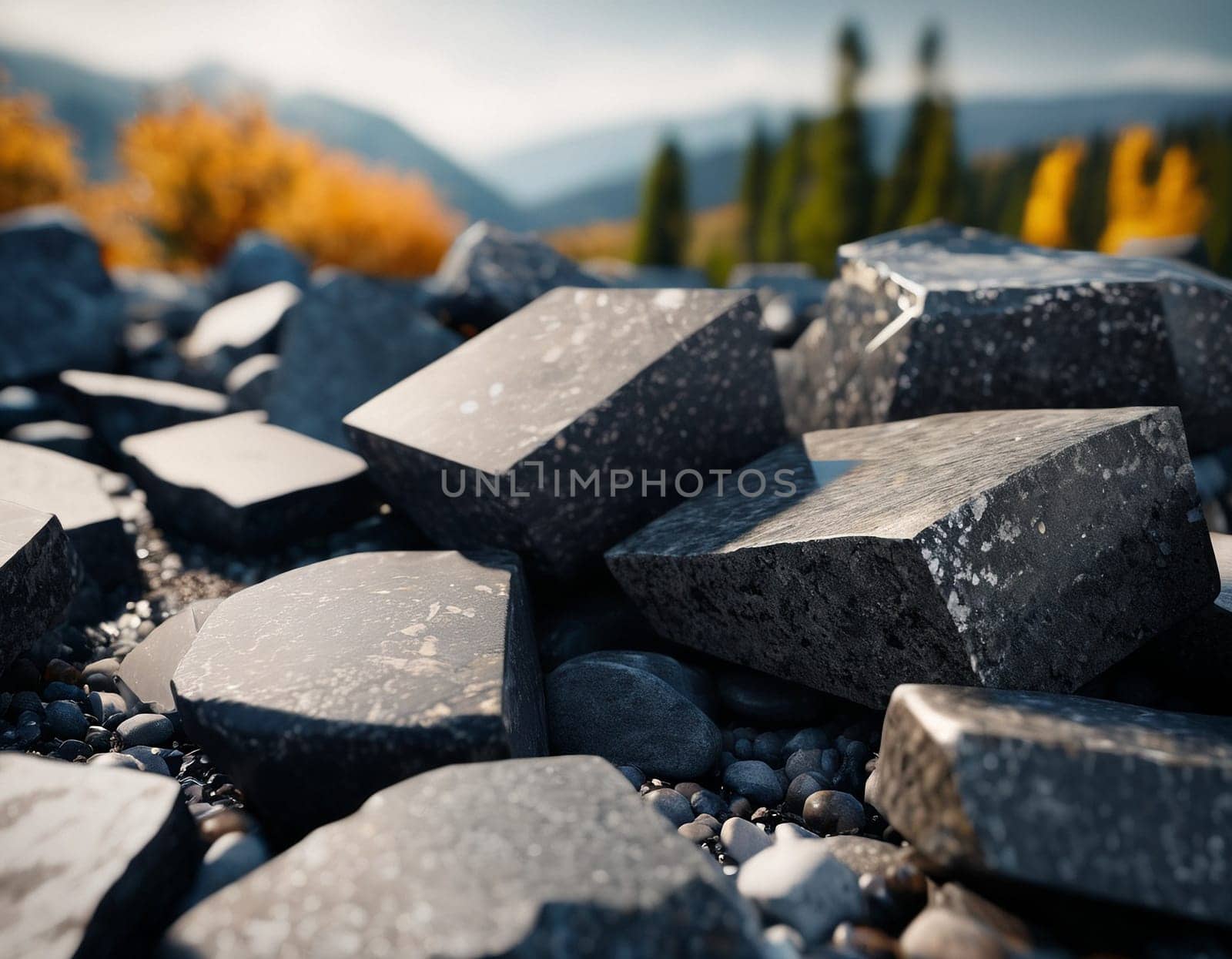 Beautiful cinematic mountain landscape with black marble and granite. High quality illustration