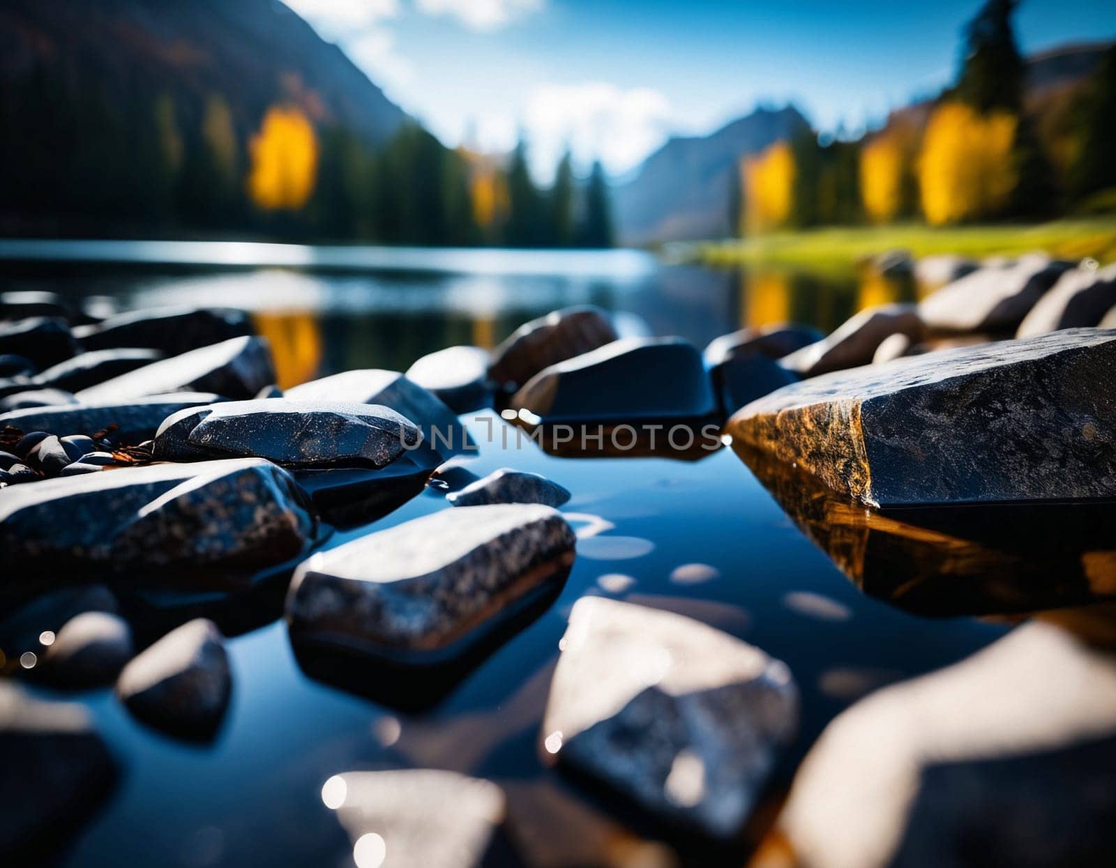 Beautiful cinematic mountain landscape with black marble and granite. High quality illustration