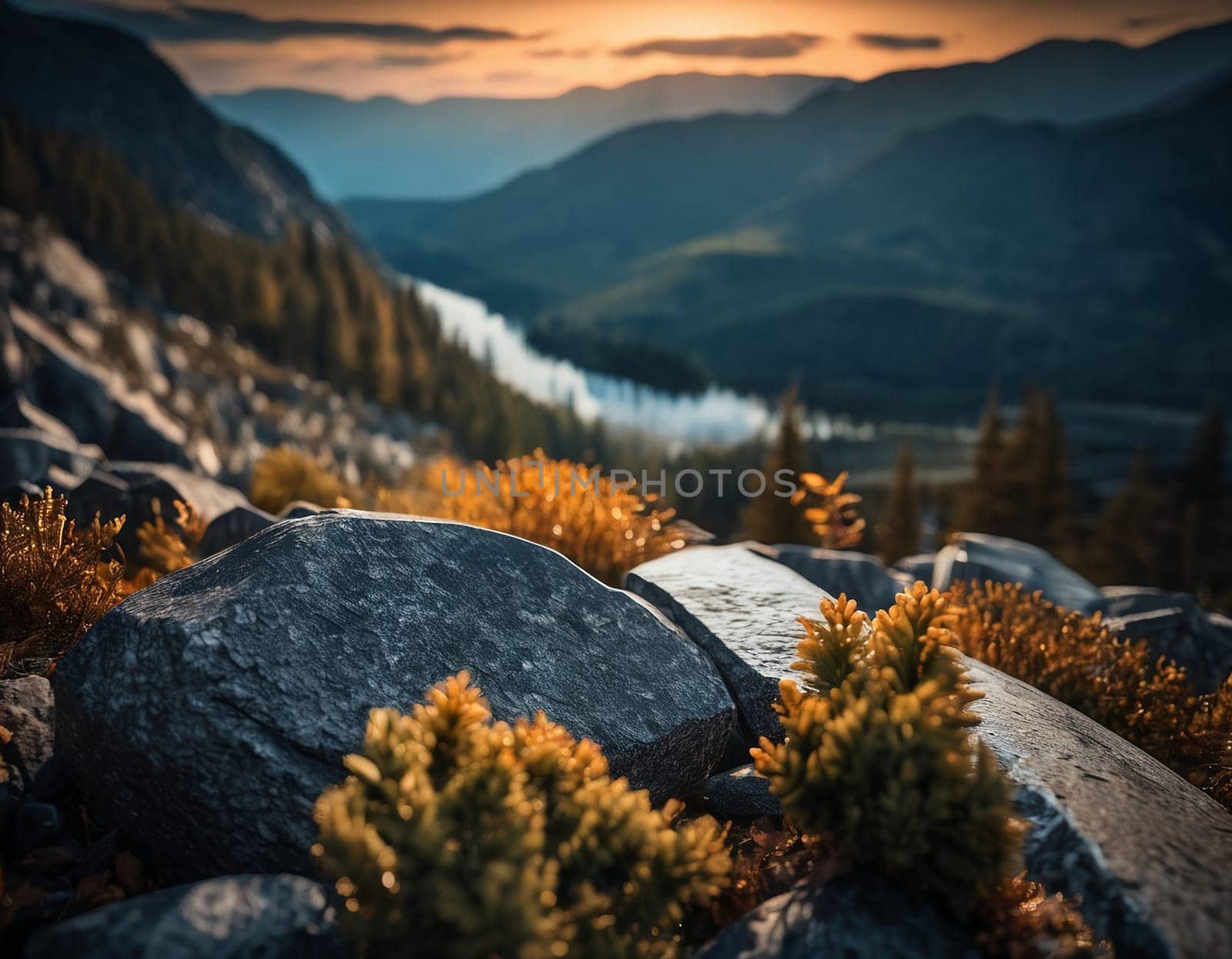 Beautiful cinematic mountain landscape with black marble and granite. High quality illustration