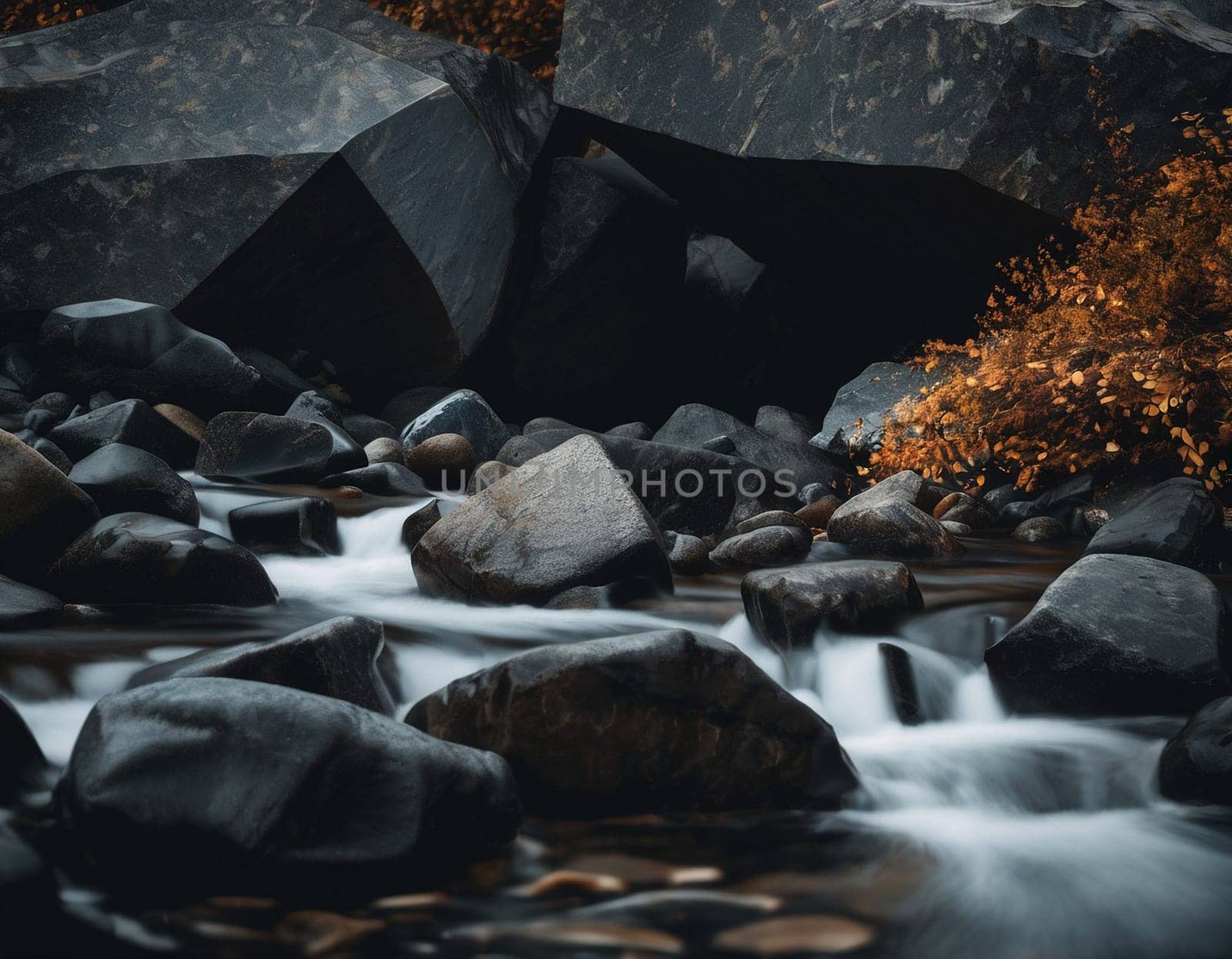 Beautiful cinematic mountain landscape with black marble and granite. High quality illustration