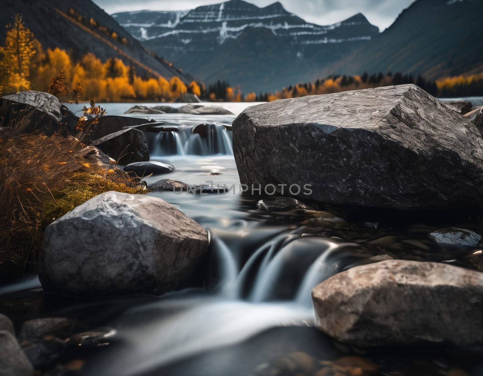 Beautiful cinematic mountain landscape with black marble and granite. High quality illustration