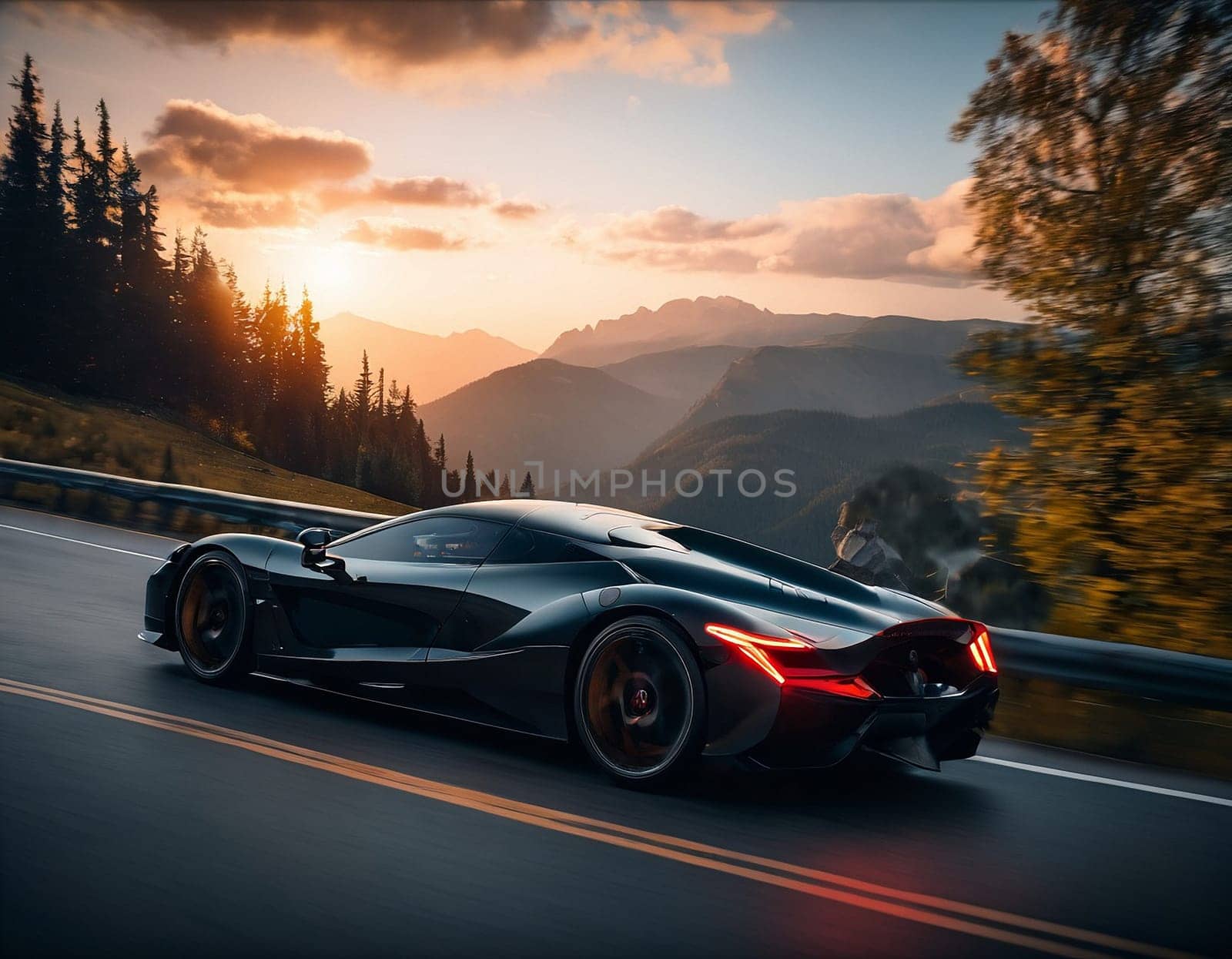 A sports car in the mountains.Sunset. High quality illustration