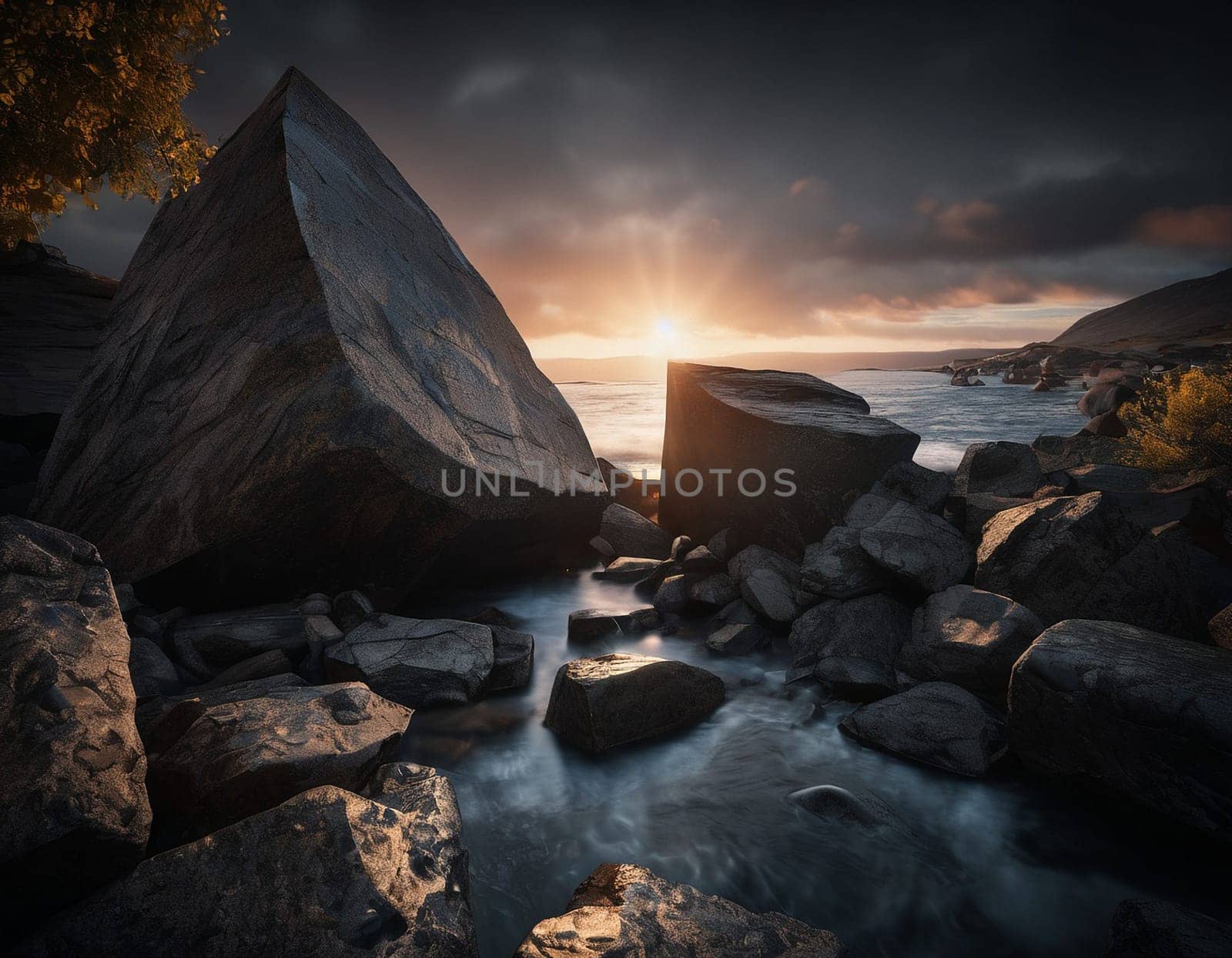 Beautiful cinematic mountain landscape with black marble and granite. High quality illustration