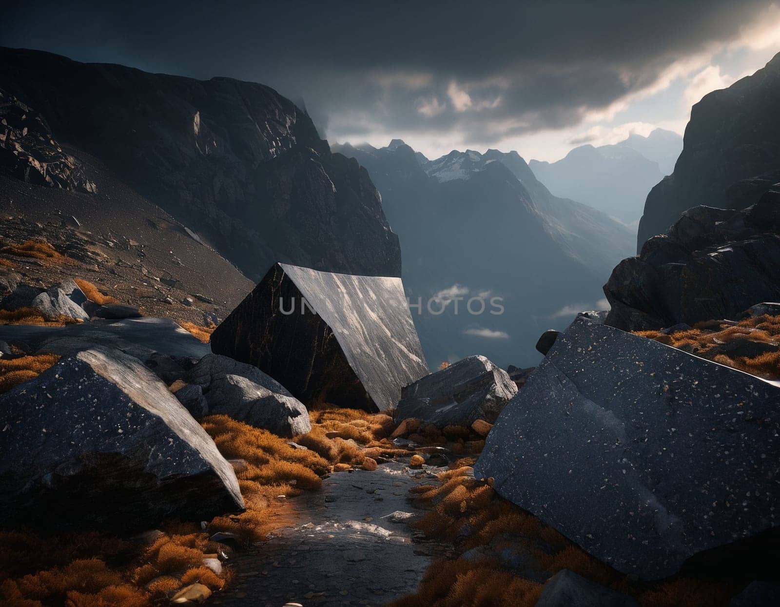 Beautiful cinematic mountain landscape with black marble and granite. High quality illustration