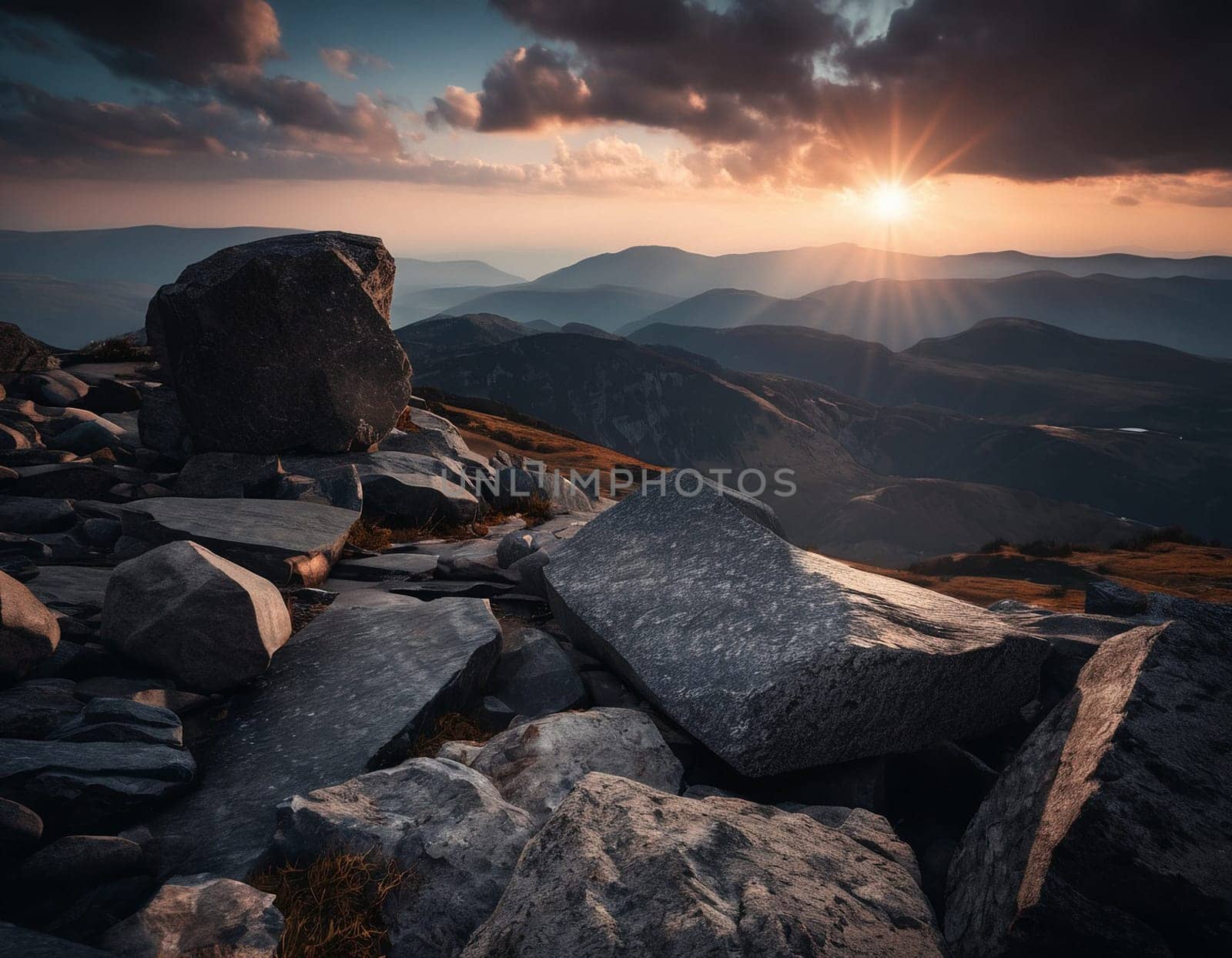 Beautiful cinematic mountain landscape with black marble and granite. High quality illustration