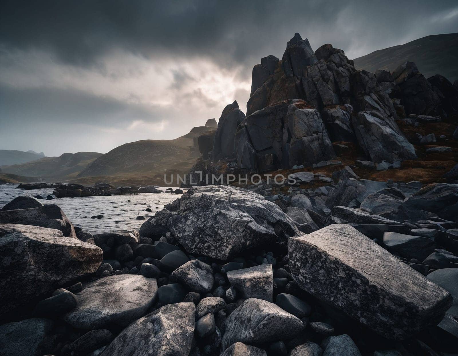 Beautiful cinematic mountain landscape with black marble and granite. High quality illustration