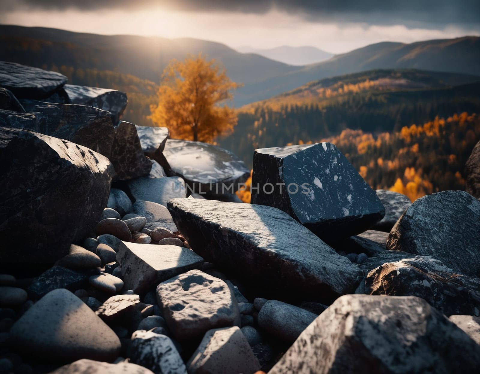 Beautiful cinematic mountain landscape with black marble and granite. High quality illustration