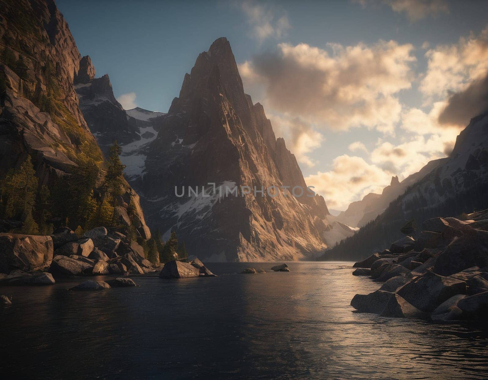 Beautiful cinematic mountain landscape with black marble and granite. High quality illustration