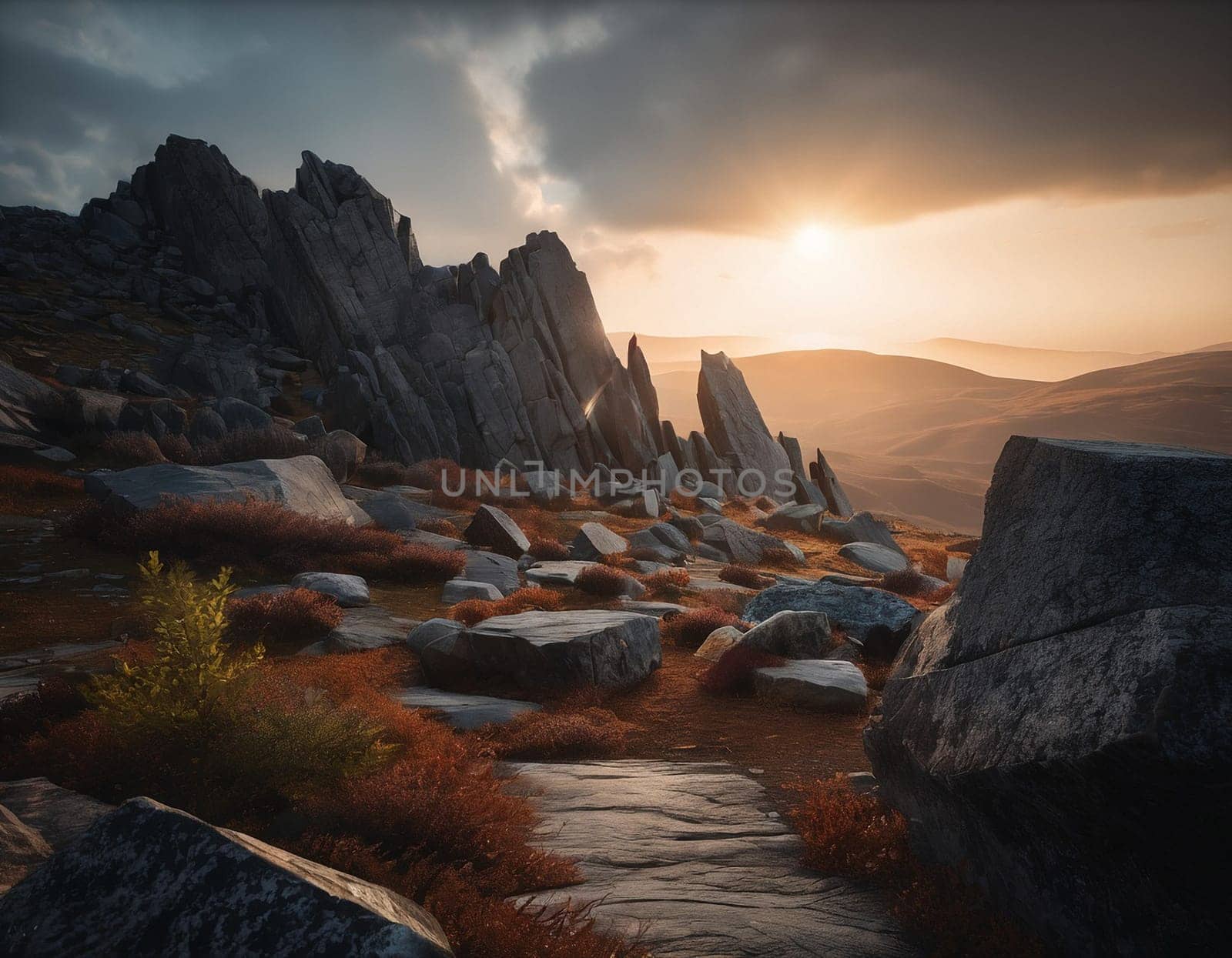 Beautiful cinematic mountain landscape with black marble and granite. High quality illustration