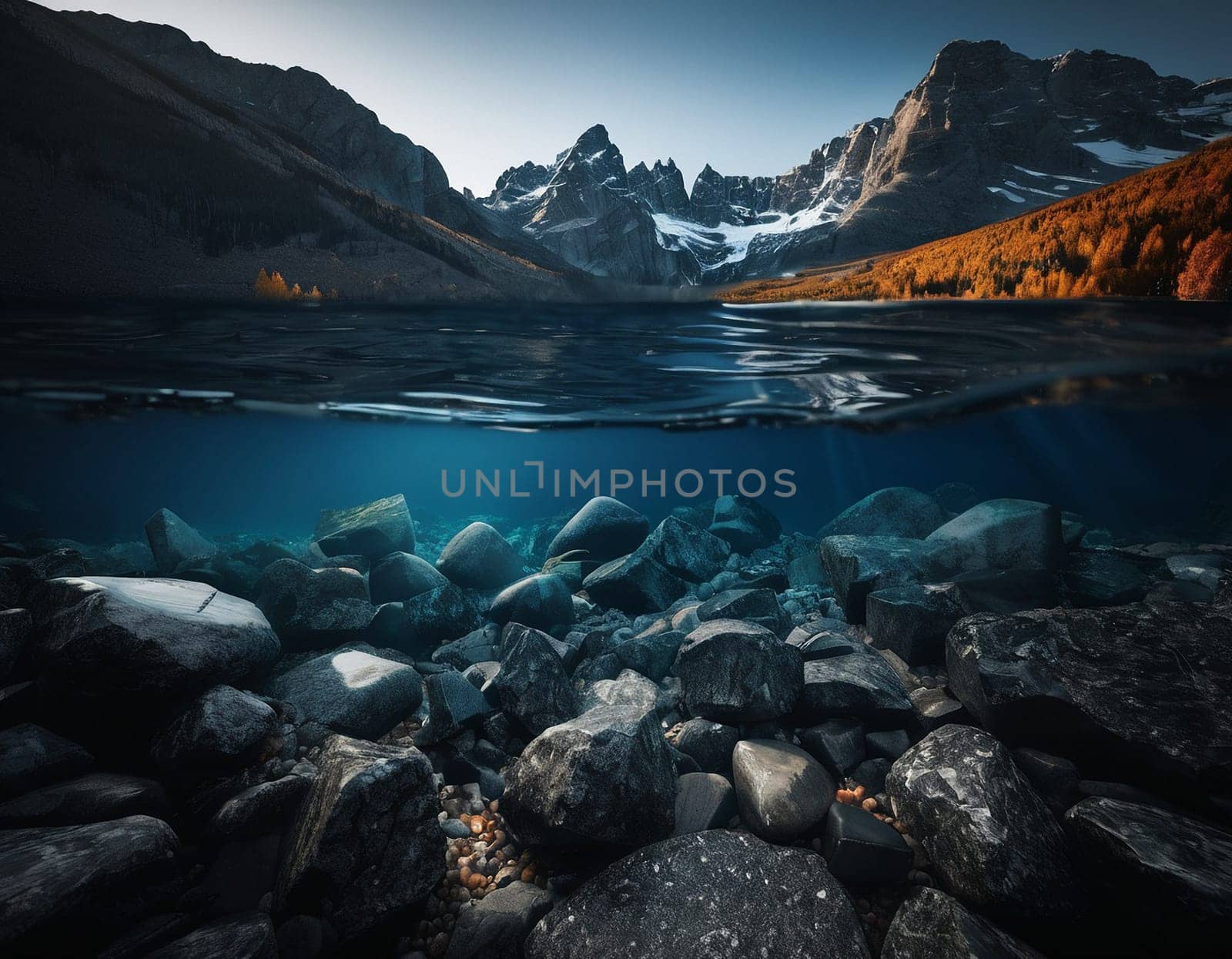 Beautiful cinematic mountain landscape with black marble and granite. High quality illustration