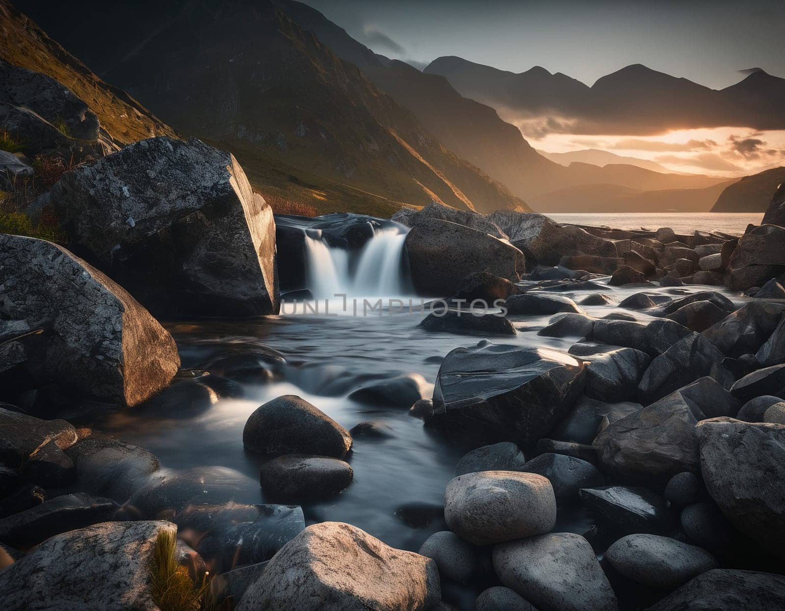 Beautiful cinematic mountain landscape with black marble and granite. High quality illustration