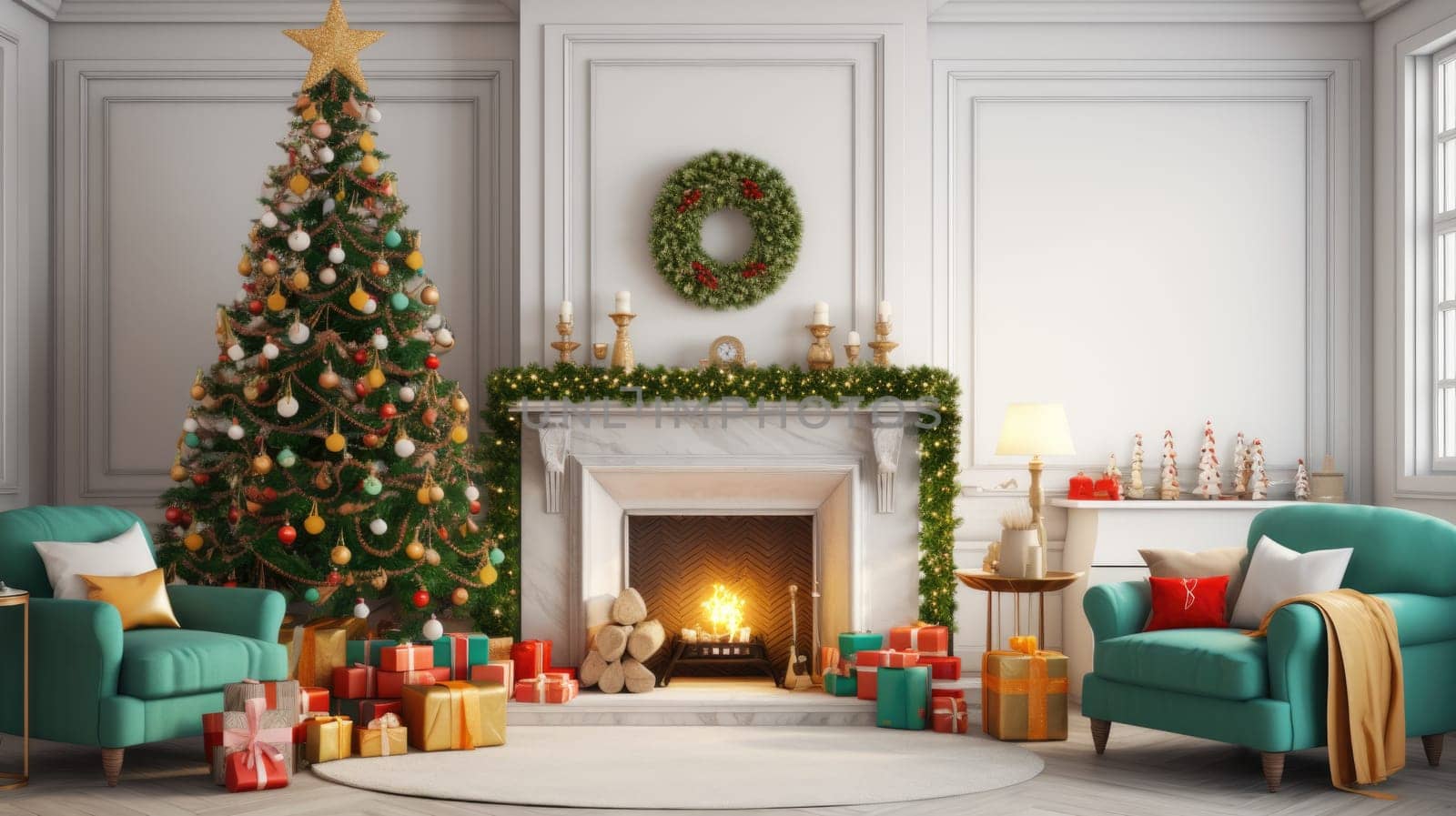 Interior of decorated living room with Christmas tree and sofa comeliness by biancoblue