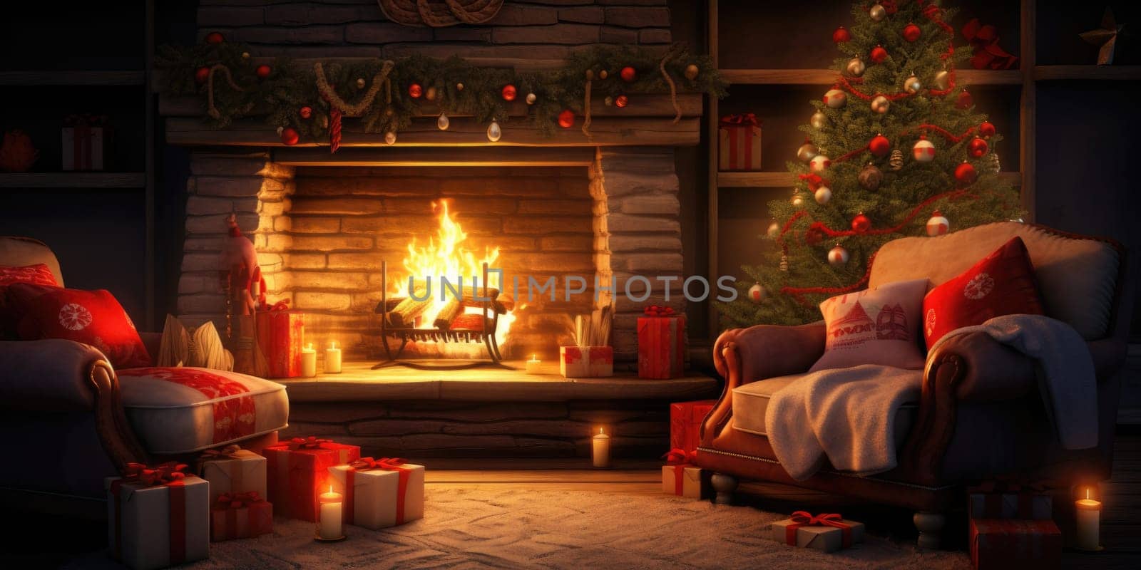 Interior of decorated living room with Christmas tree and sofa comeliness by biancoblue