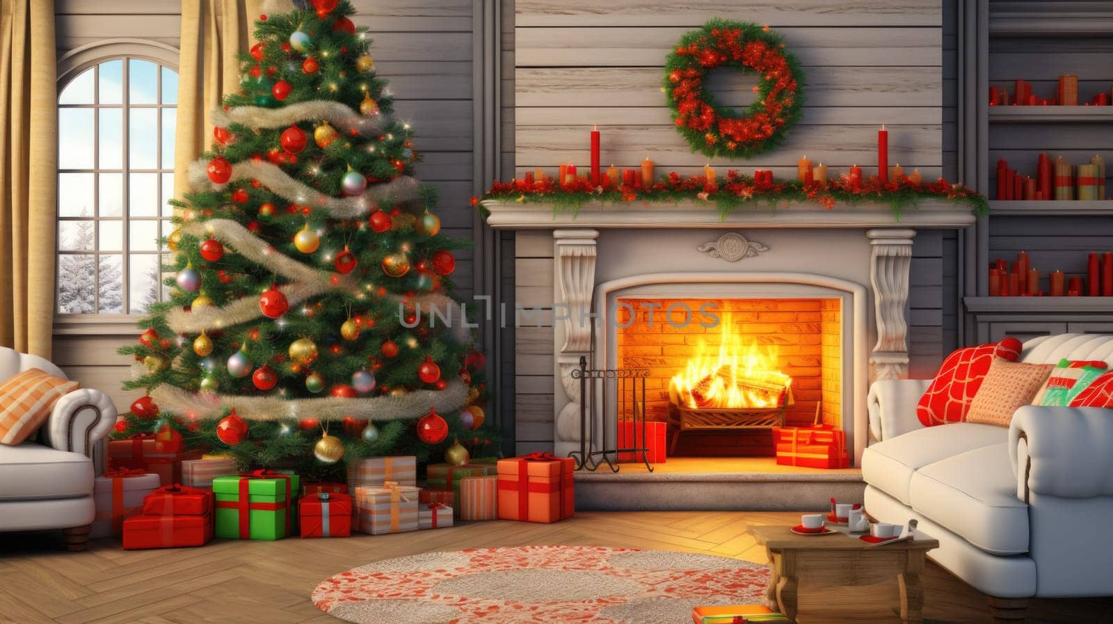 Interior of decorated living room with Christmas tree and comfortable sofa for family comeliness