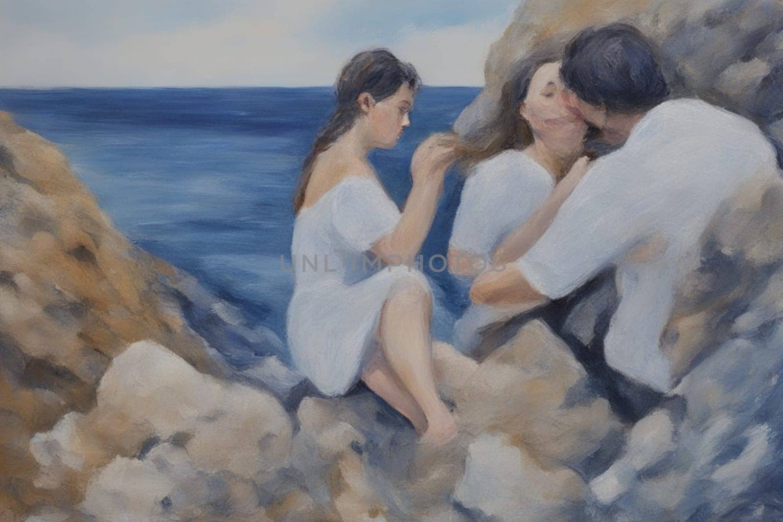 three fluid people walk by hand ,the beach, romantic, open mixed race gender love relationship paint by verbano