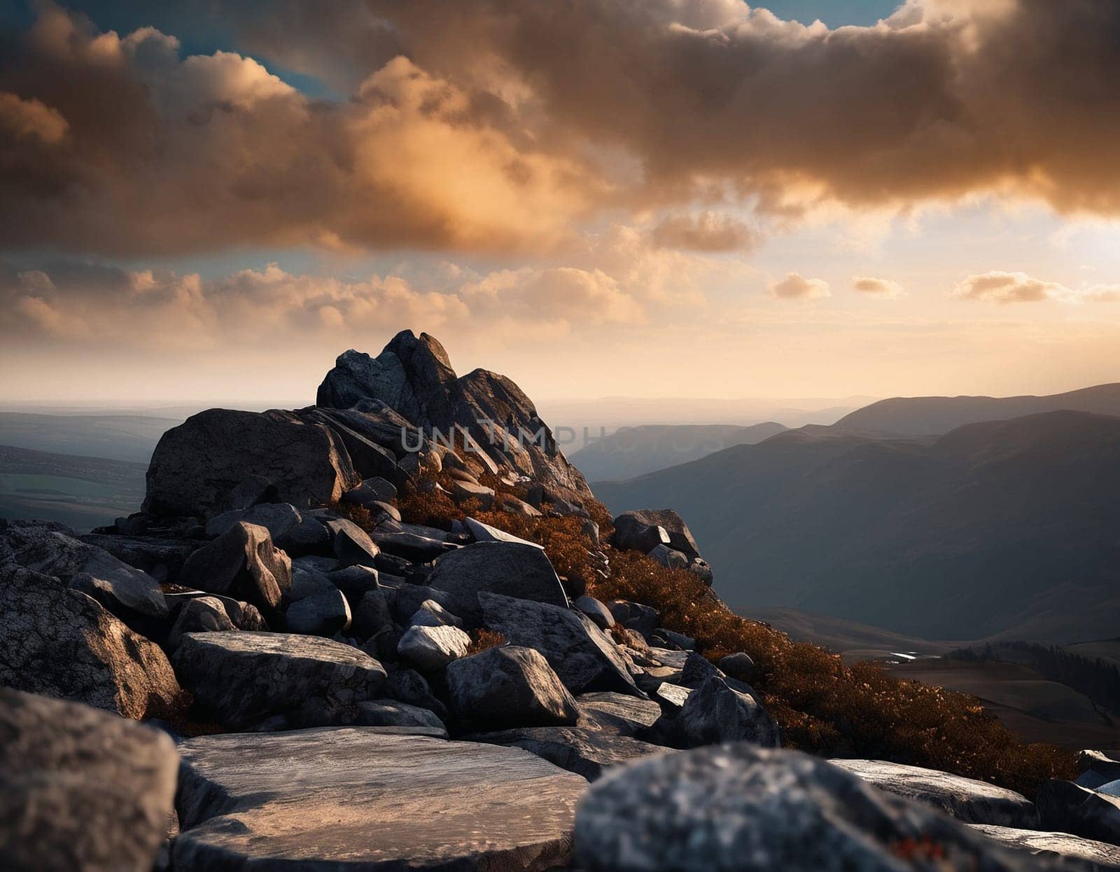 Beautiful cinematic mountain landscape with black marble and granite. High quality illustration