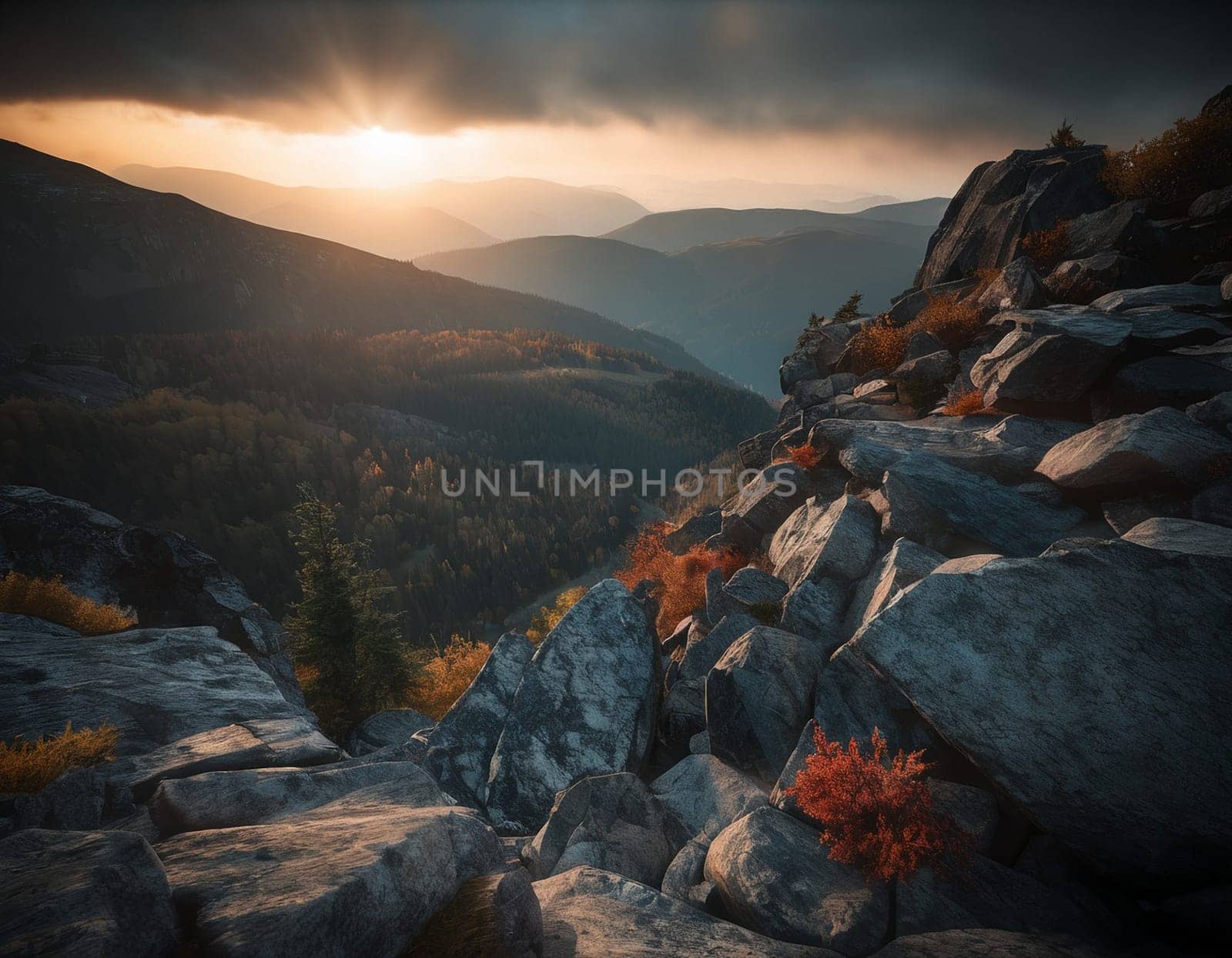 Beautiful cinematic mountain landscape with black marble and granite. High quality illustration