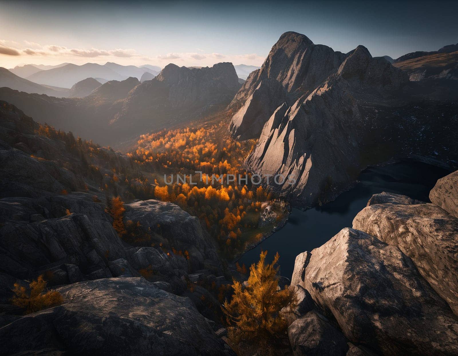 Beautiful cinematic mountain landscape with black marble and granite. High quality illustration