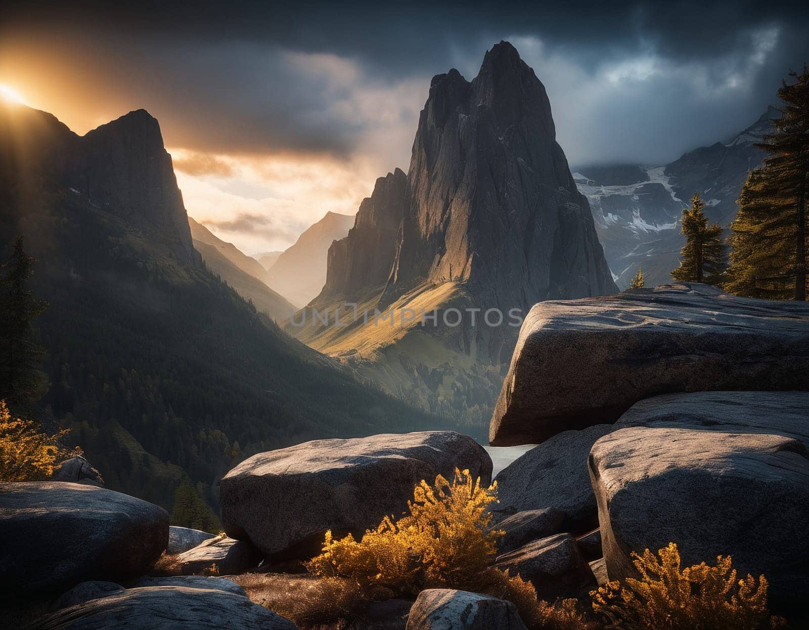 Beautiful cinematic mountain landscape with black marble and granite. High quality illustration