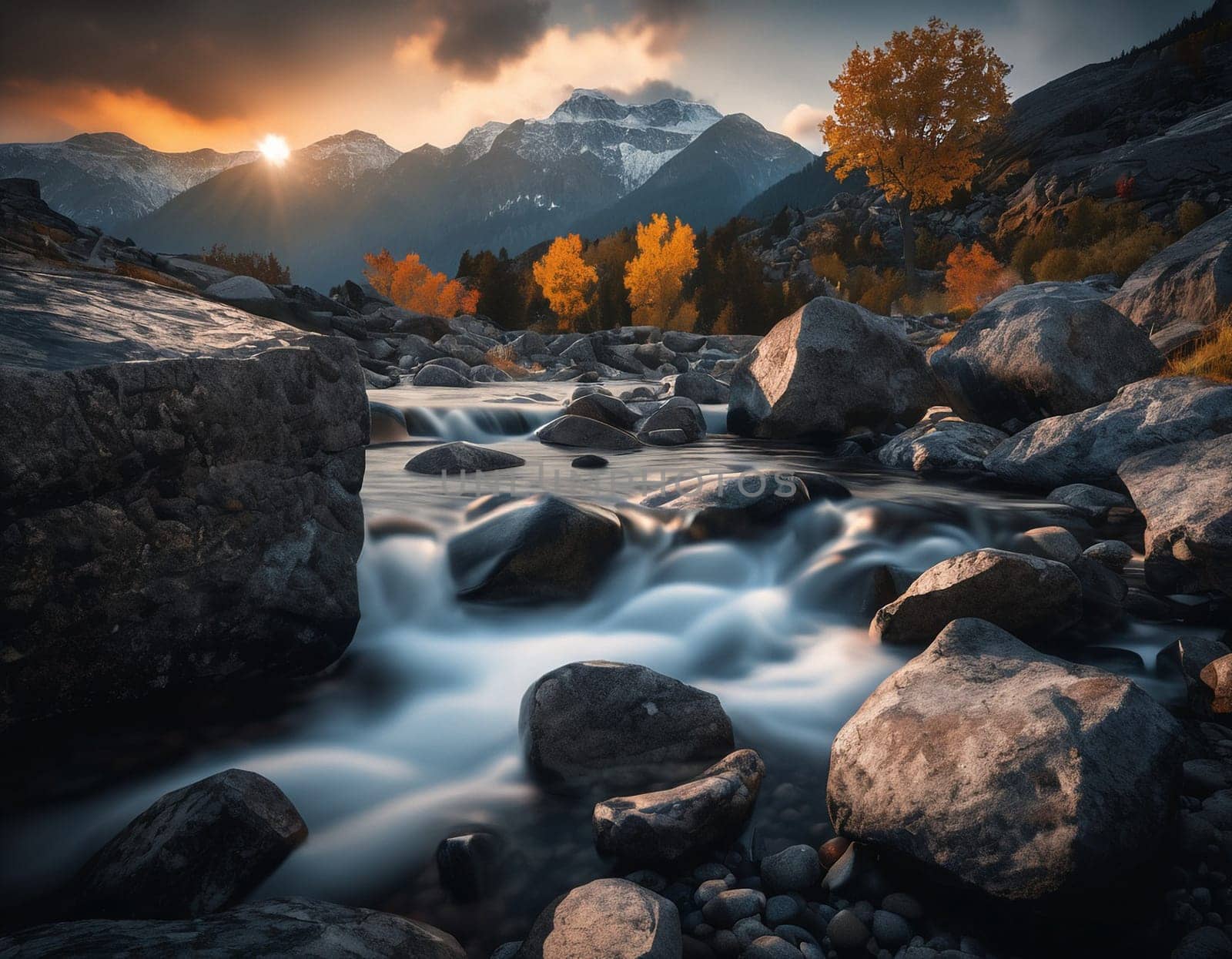 Beautiful cinematic mountain landscape with black marble and granite. High quality illustration