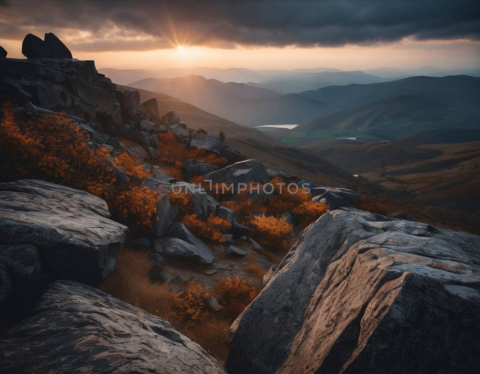 Beautiful cinematic mountain landscape with black marble and granite. High quality illustration