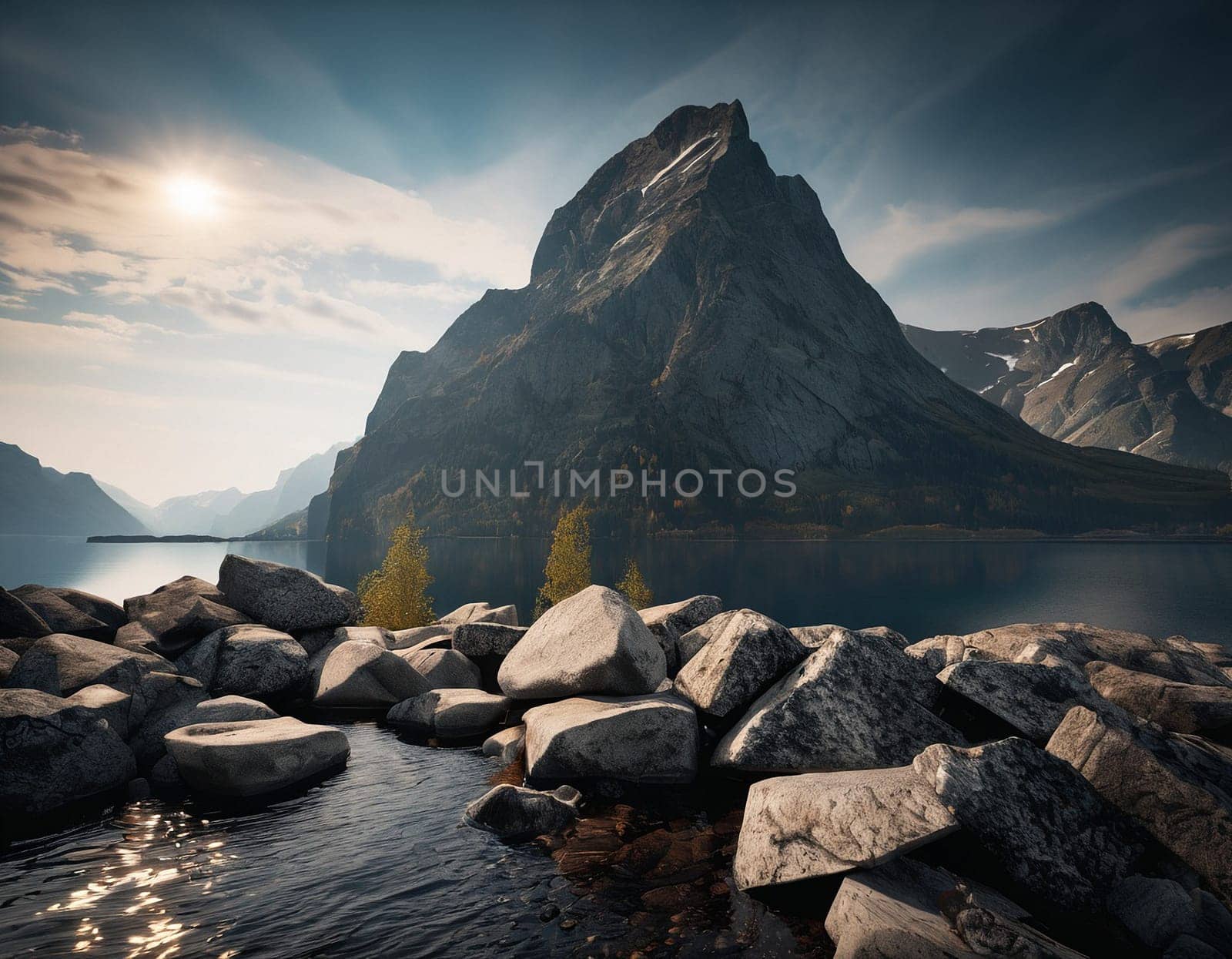 Beautiful cinematic mountain landscape with black marble and granite. High quality illustration