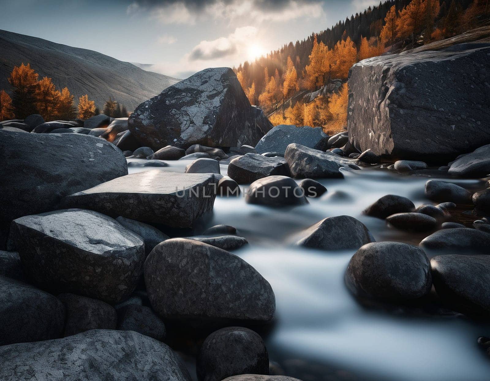 Beautiful cinematic mountain landscape with black marble and granite. High quality illustration