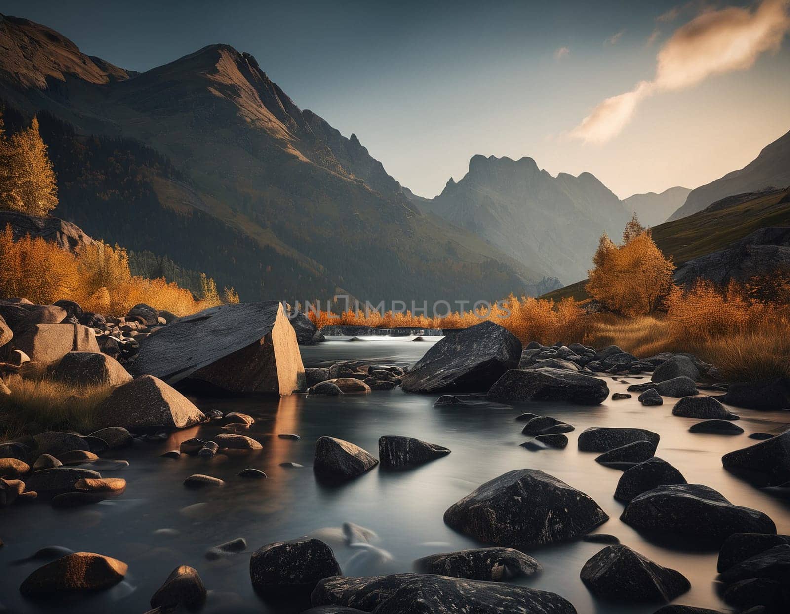 Beautiful cinematic mountain landscape with black marble and granite. High quality illustration