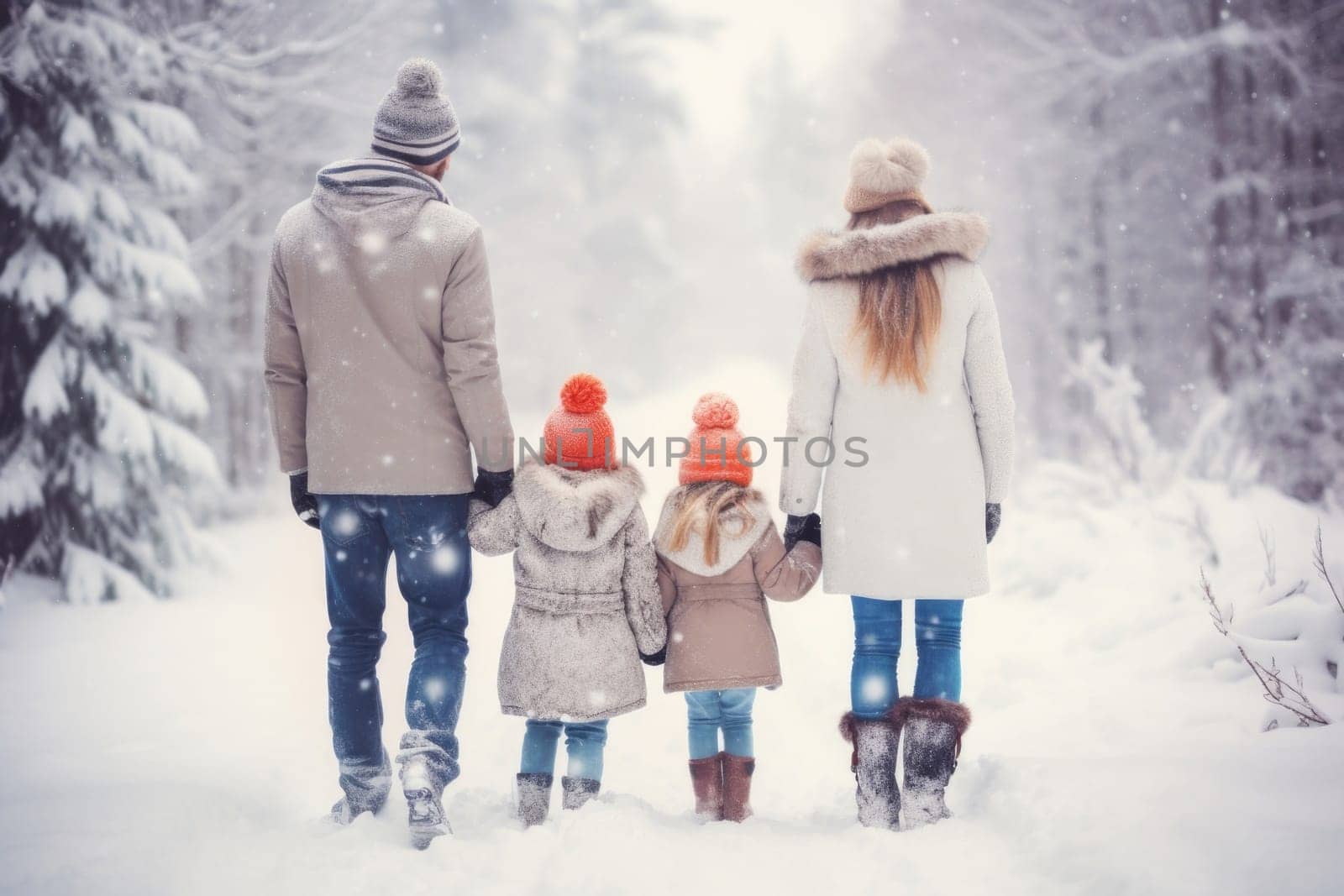 Happy family Father, mother and children are having fun and playing on snowy winter walk in nature. comeliness