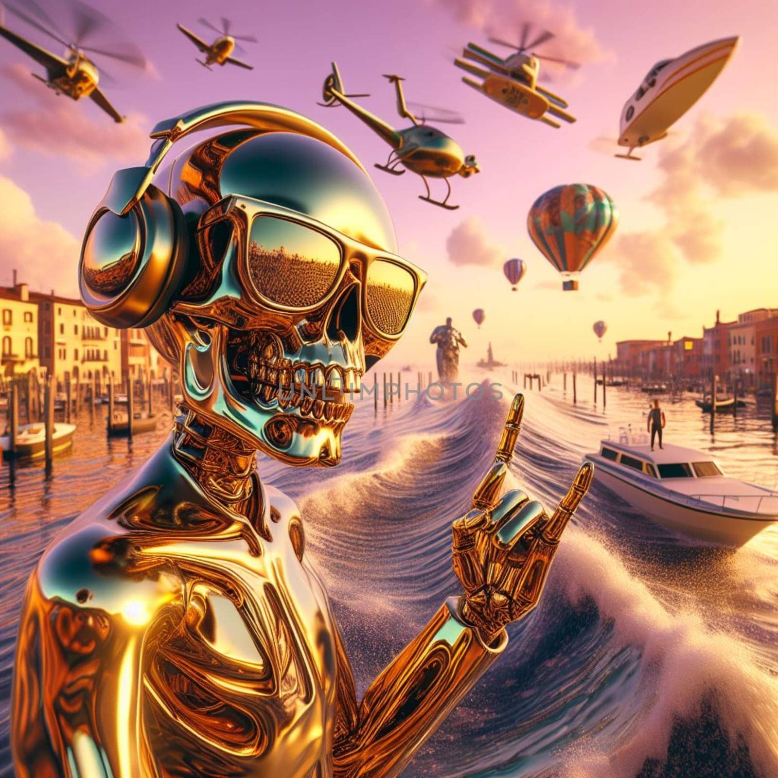 metallic mistical alien in dj set playing music in a crowded beach party in tropical island at sunset by verbano