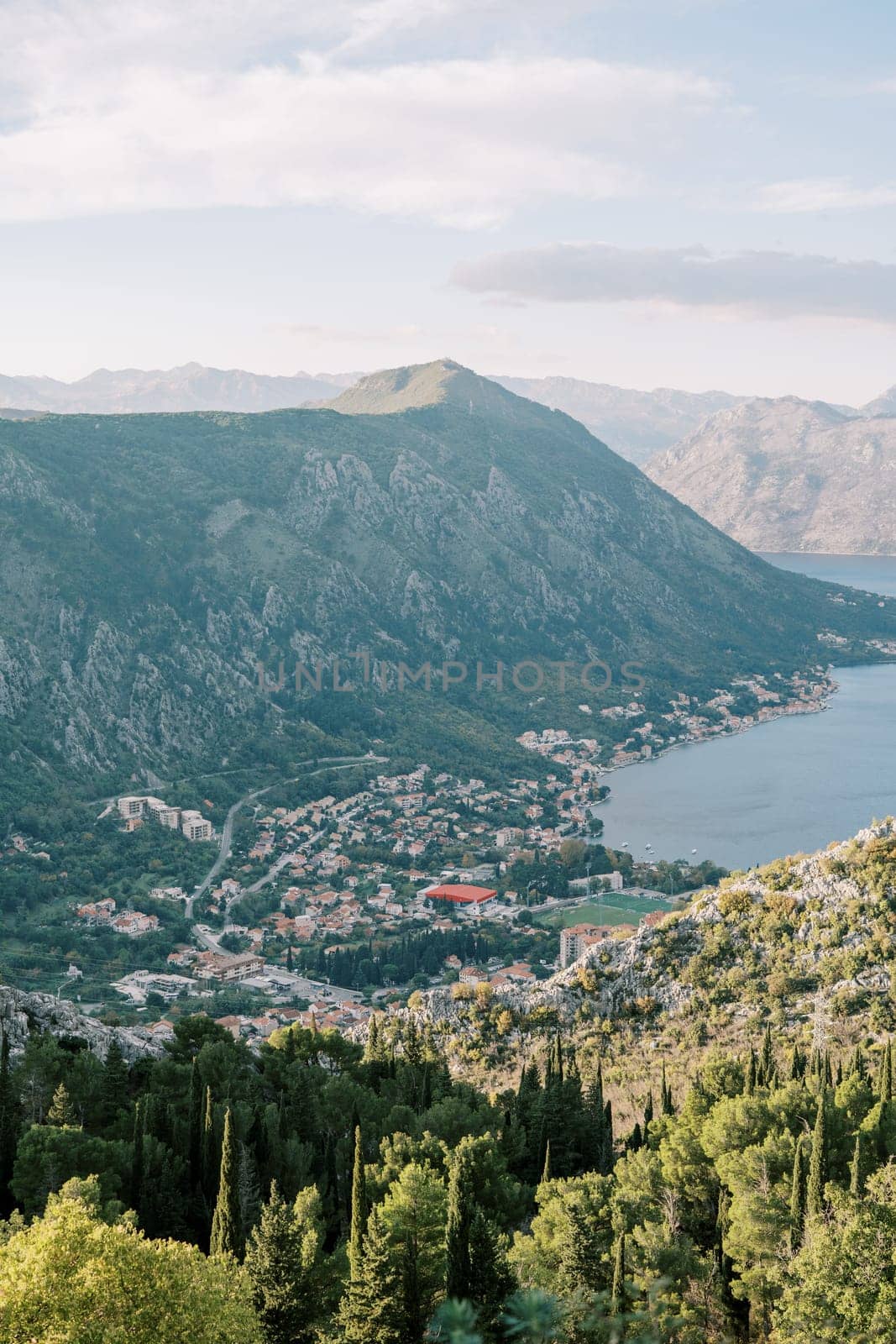 View from Mount Lovcen to the Bay of Kotor and the ancient town. Montenegro by Nadtochiy