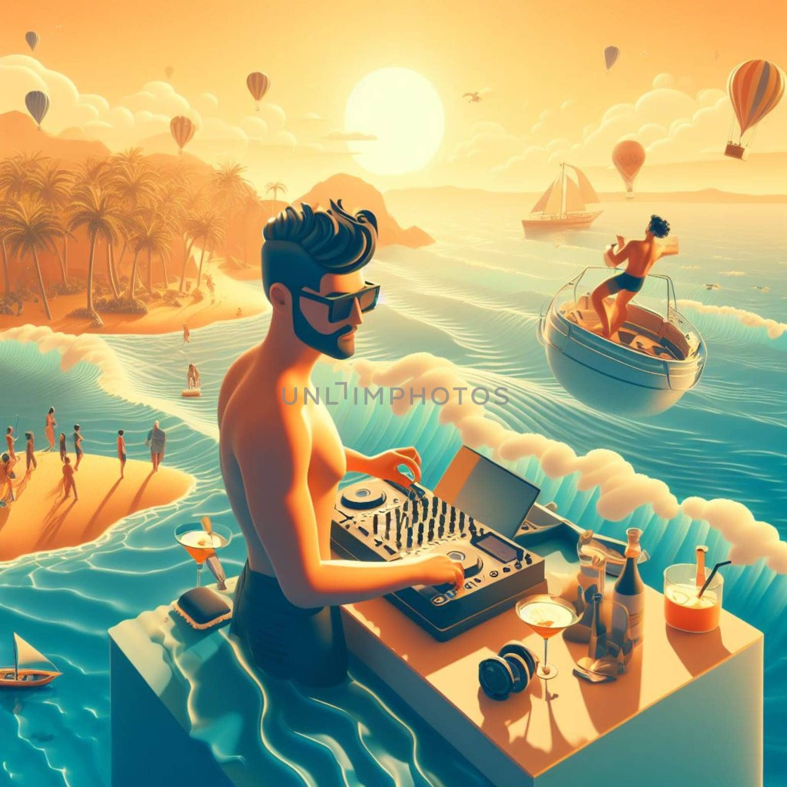 young deejay, wear glasses earphone hosting dj set at crowded beach party tropical island isometric ai generative ai art