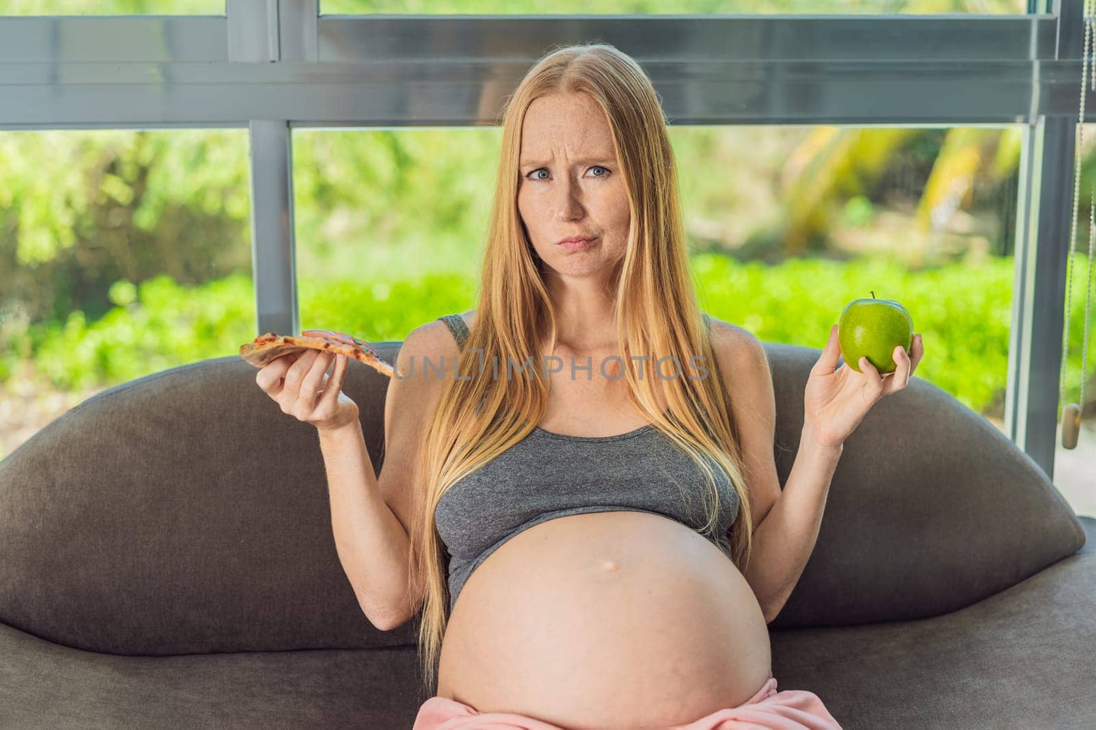 A pregnant woman faces a choice between nourishing, wholesome food and tempting fast food, highlighting the importance of healthy dietary decisions during pregnancy by galitskaya