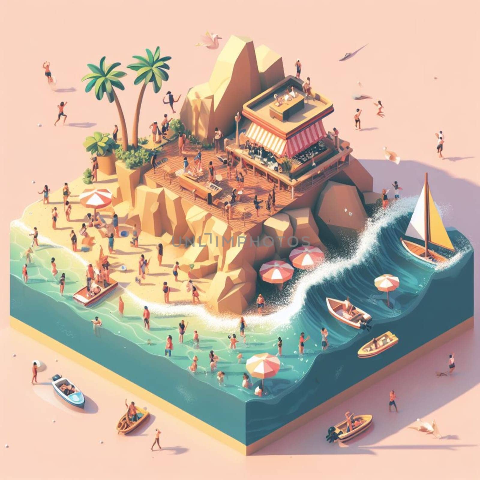 people having fun in the beach, isometric view, sea waves, 3d illustration by verbano