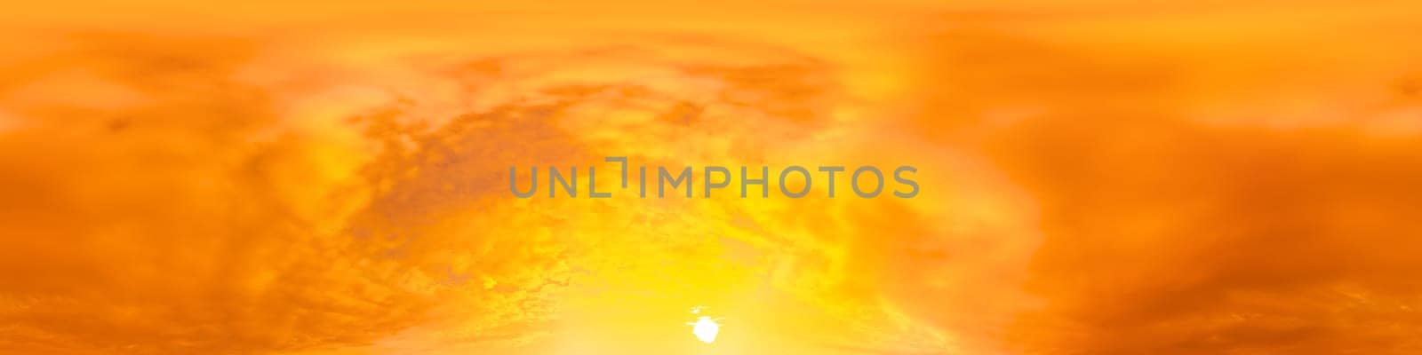 Bright sunset sky panorama with Cirrus clouds. Seamless hdr spherical equirectangular 360 panorama. Sky dome or zenith for 3D visualization, game and sky replacement for aerial drone 360 panoramas.