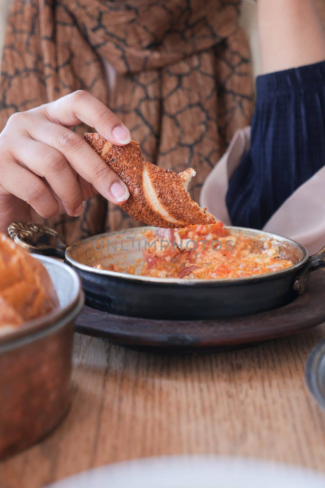 Turkish Menemen omelet in a frying pan.