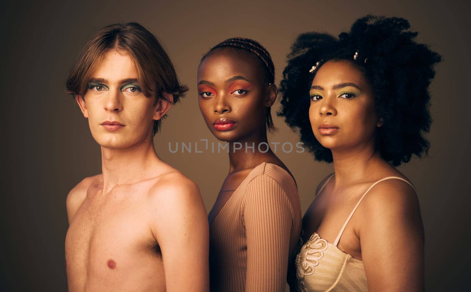 Diversity, beauty and skin, portrait and people, dermatology and inclusion isolated on studio background. Gen z, young women and man with face, equality and cosmetics with skincare and wellness.