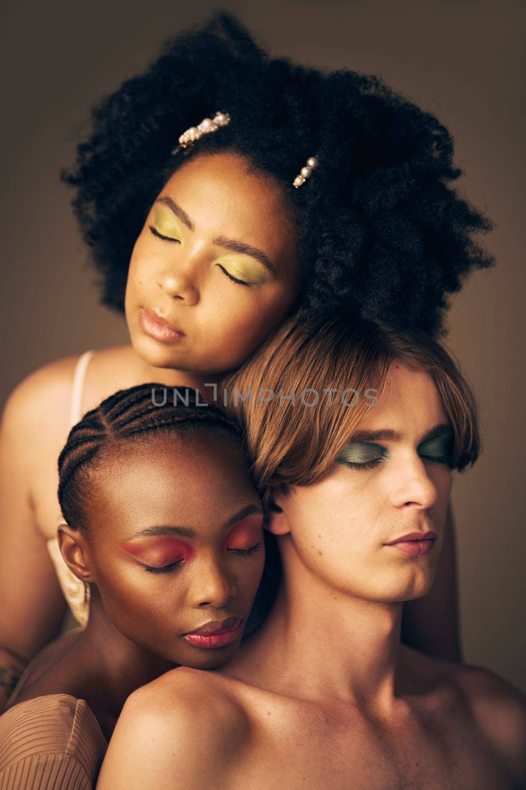 Diversity, beauty and skin, makeup and people, dermatology and inclusion isolated on studio background. Gen z, young women and man with face, equality and cosmetics with skincare and wellness by YuriArcurs