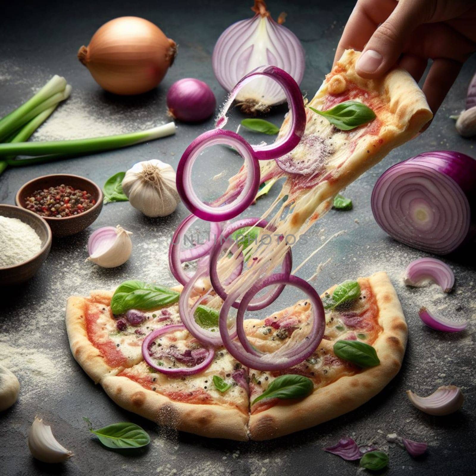 flying splashing mozzarella bufala italian pizza with tomato sauce and basil food photography generative ai art
