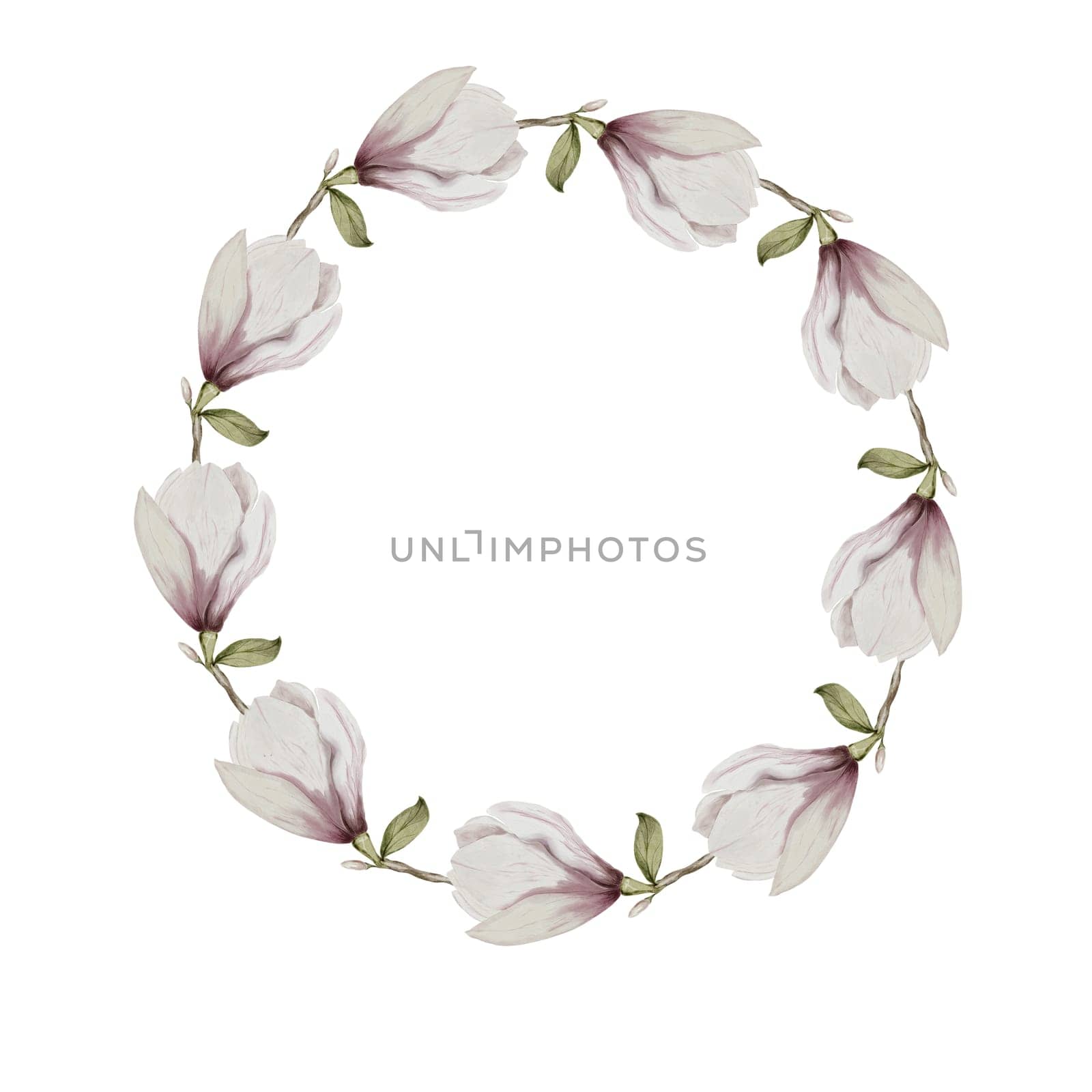 Watercolor round frame and magnolia flowers. Floral wreath with elegant flowers on a white background isolate. For designing cards and invitations for weddings and anniversaries
