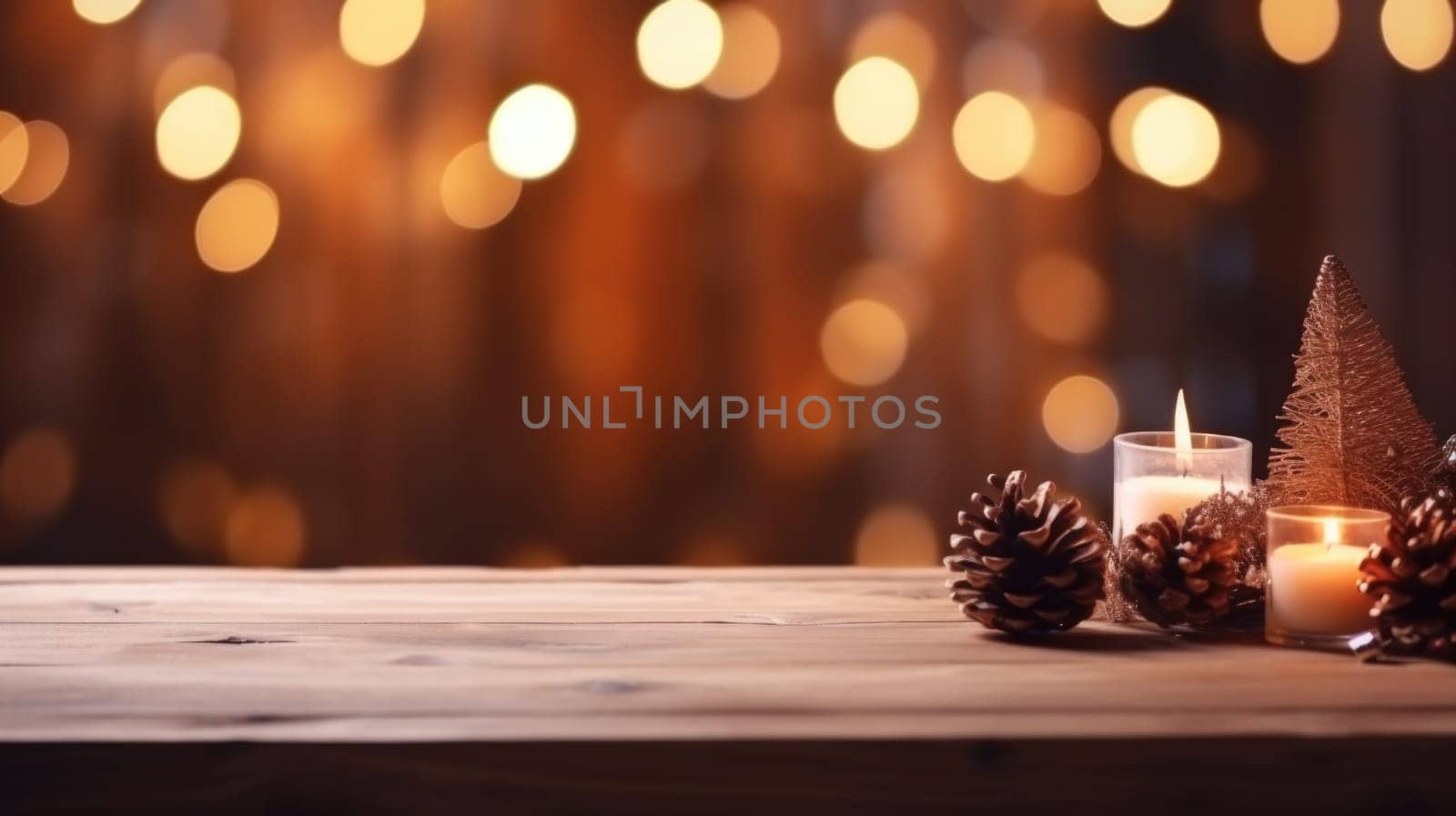 Merry Christmas and Happy New Year background with empty wooden table comeliness by biancoblue
