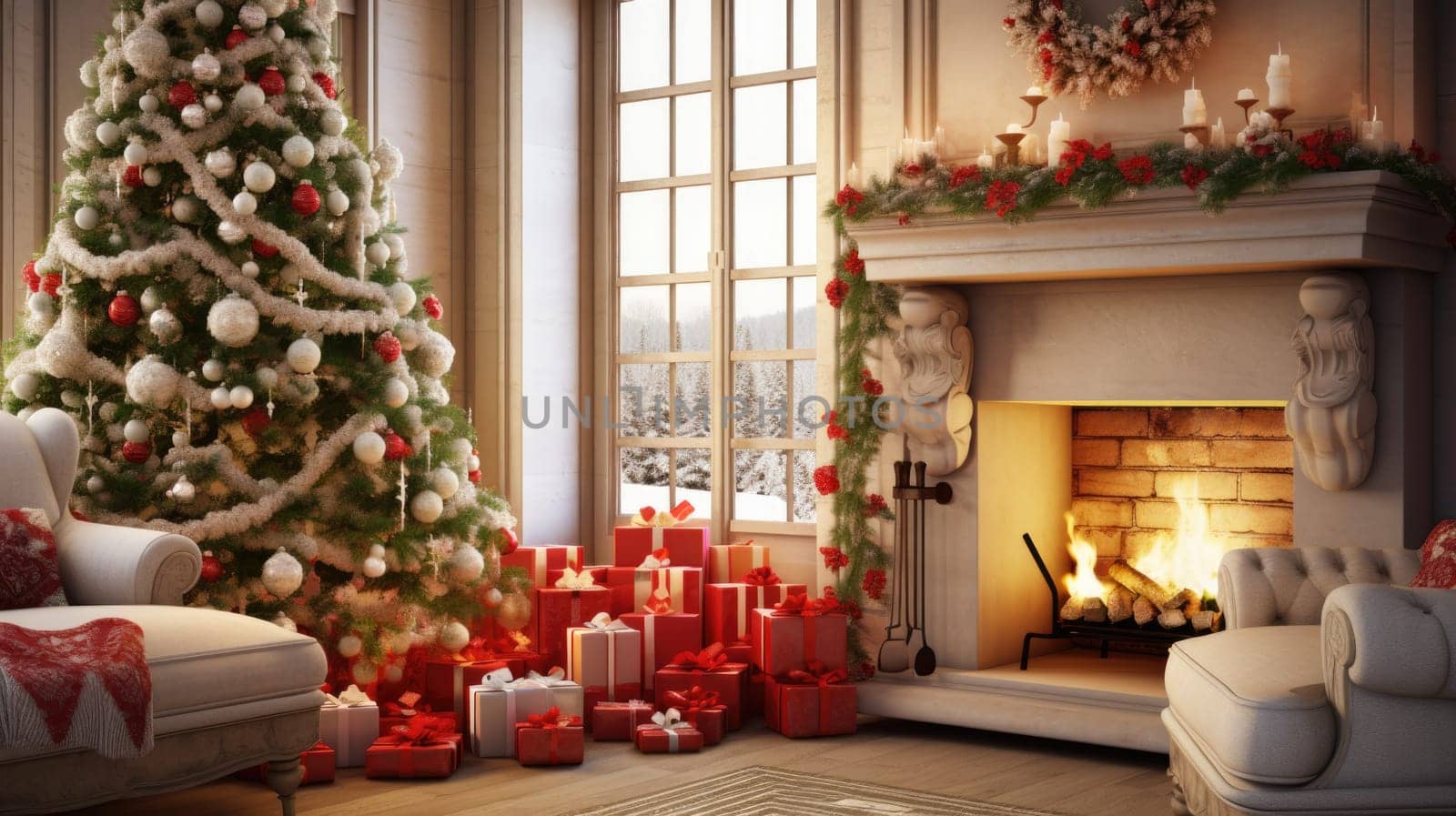 Interior of decorated living room with Christmas tree and comfortable sofa for family comeliness