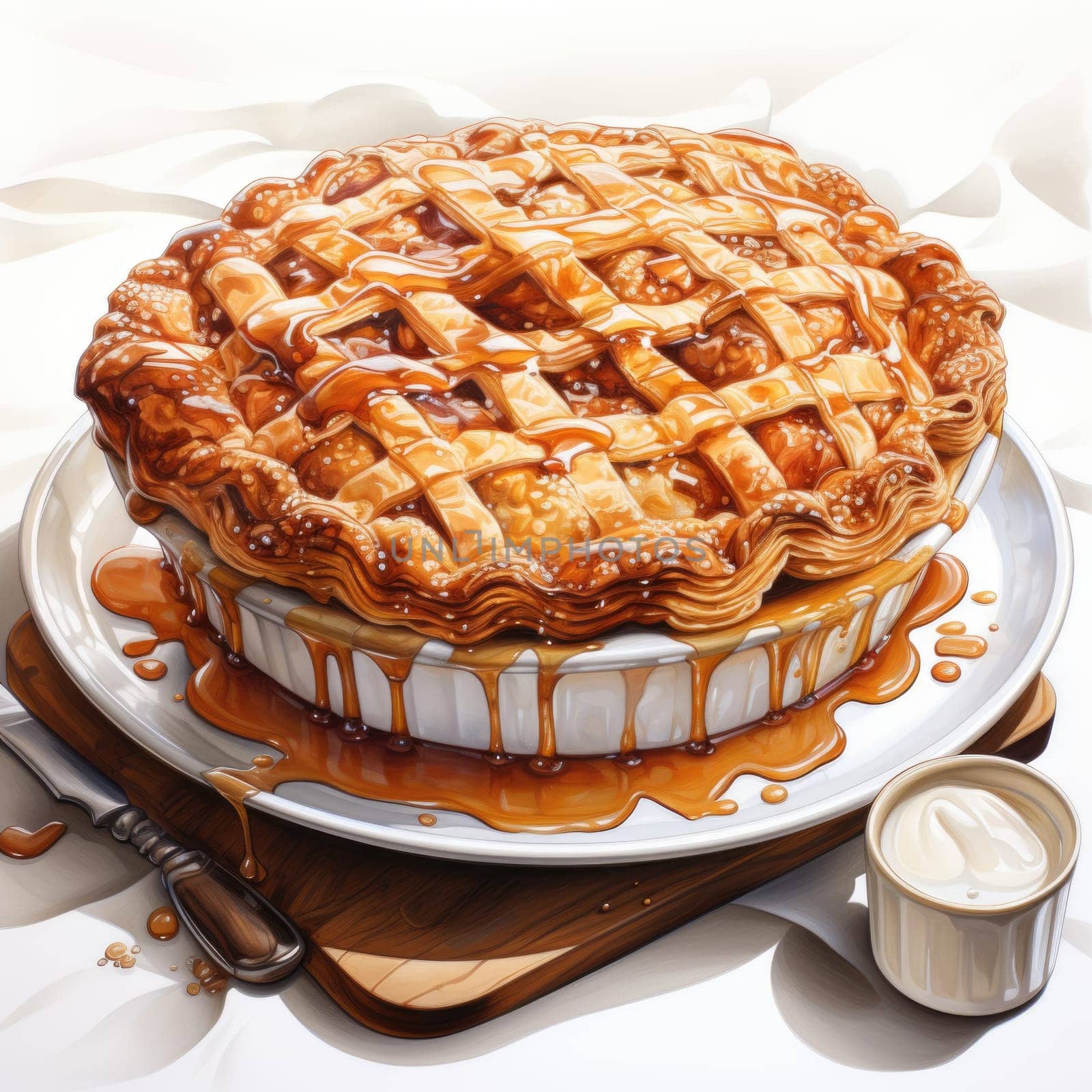 Delicious apple pie with caramel on the plate on white background. AI Generated by Desperada