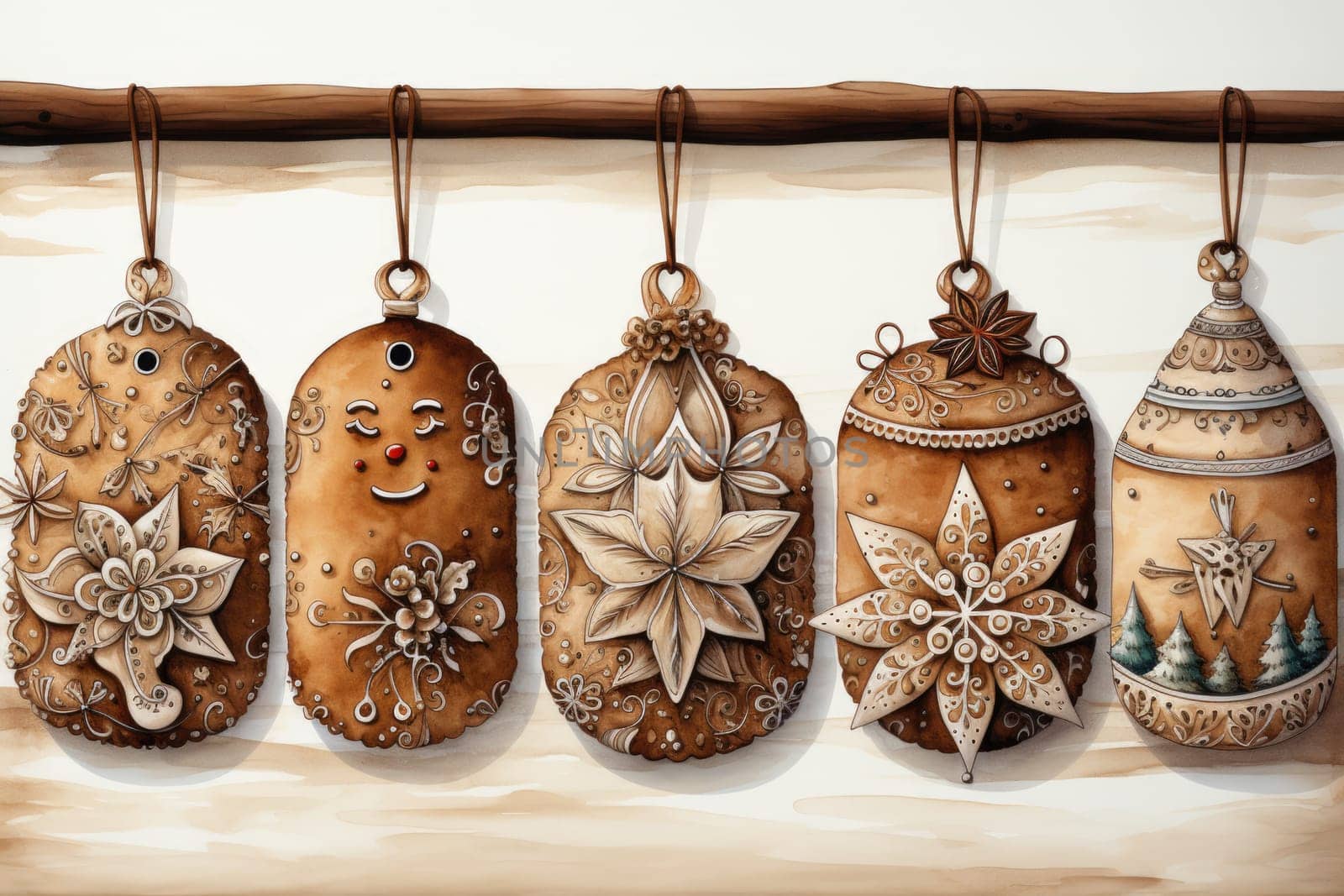 Gingerbread cookies watercolor on white background. AI Generated